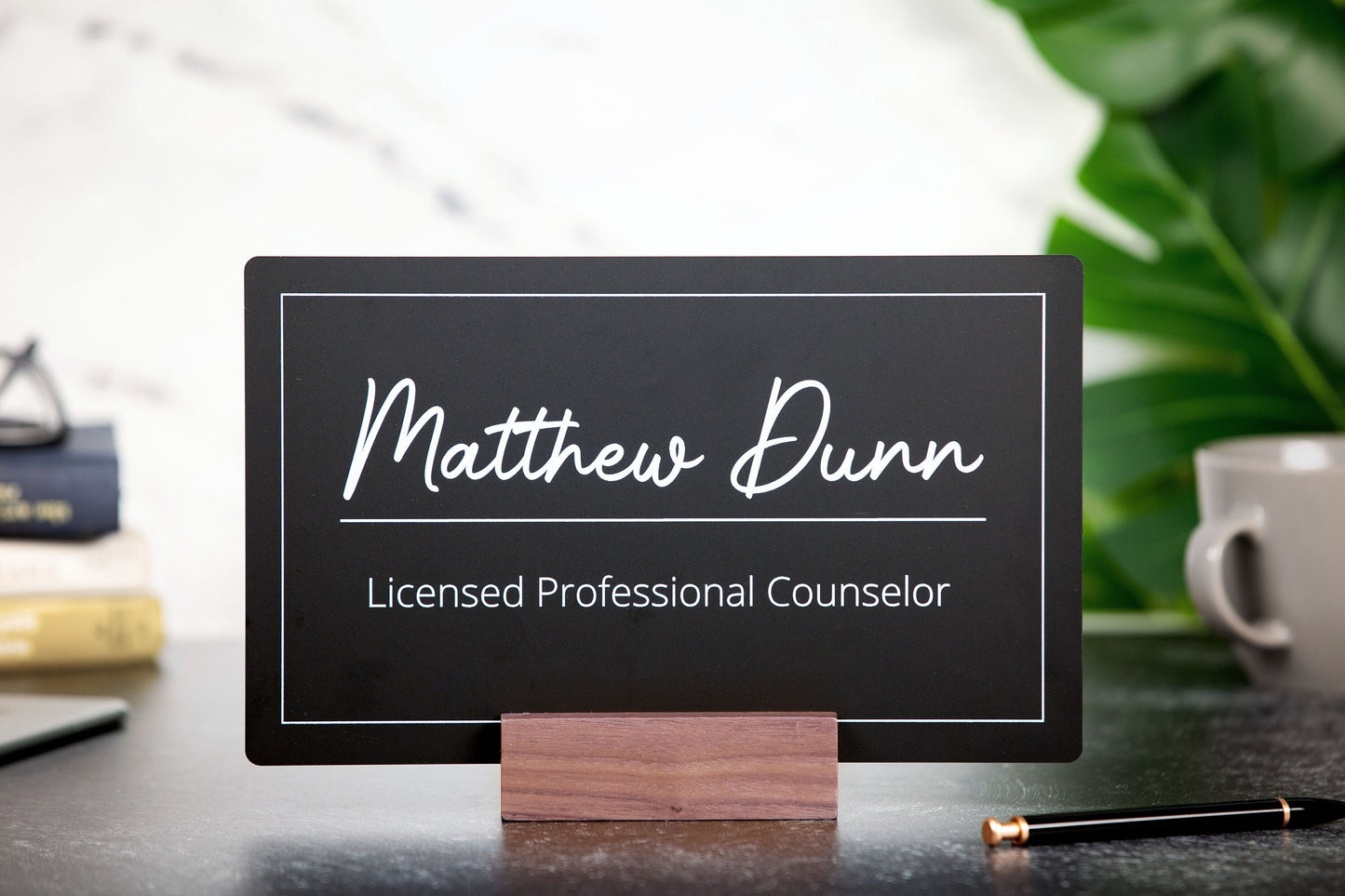 Black Wall Door Interchangeable Name Plate w/ Wood Stand- 11.5x7" Personalized Custom Name Sign for Home & Office Wall, New Job Office Decor