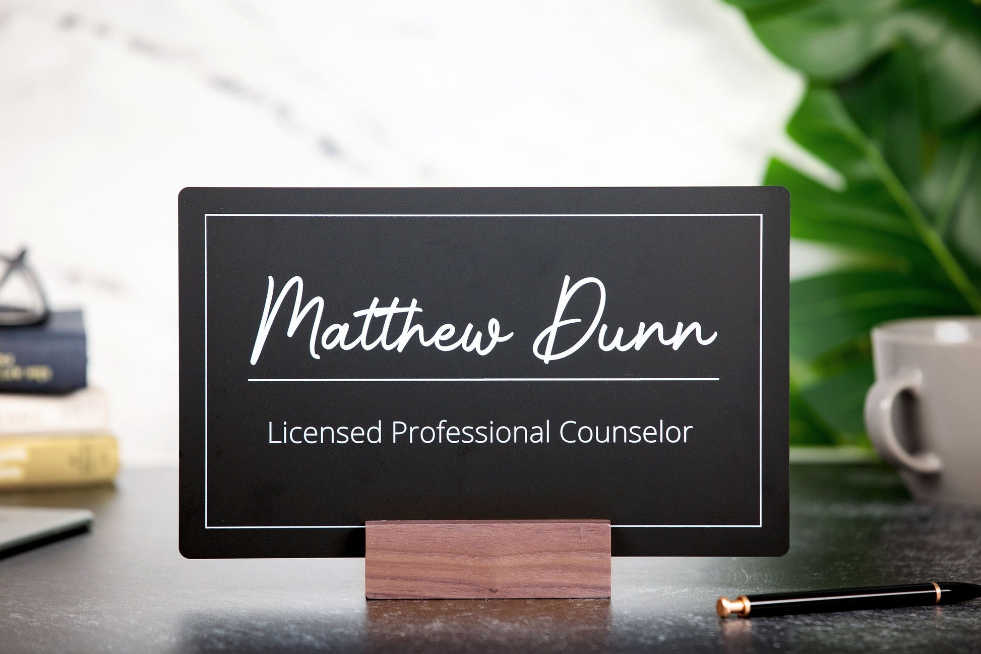 Black Wall Door Interchangeable Name Plate w/ Wood Stand- 11.5x7" Personalized Custom Name Sign for Home & Office Wall, New Job Office Decor