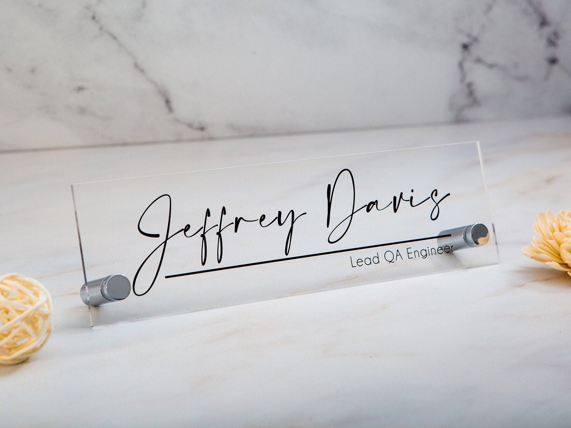 Standing Acrylic Name Plate - 10x2.75" Clear Script Executive Desk CEO Sign, New Job Office Business Decor, Promotion Gift for Husband