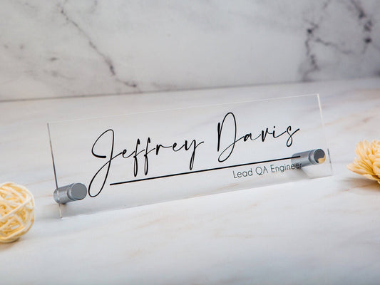 Standing Acrylic Name Plate - 10x2.75" Clear Script Executive Desk CEO Sign, New Job Office Business Decor, Promotion Gift for Husband