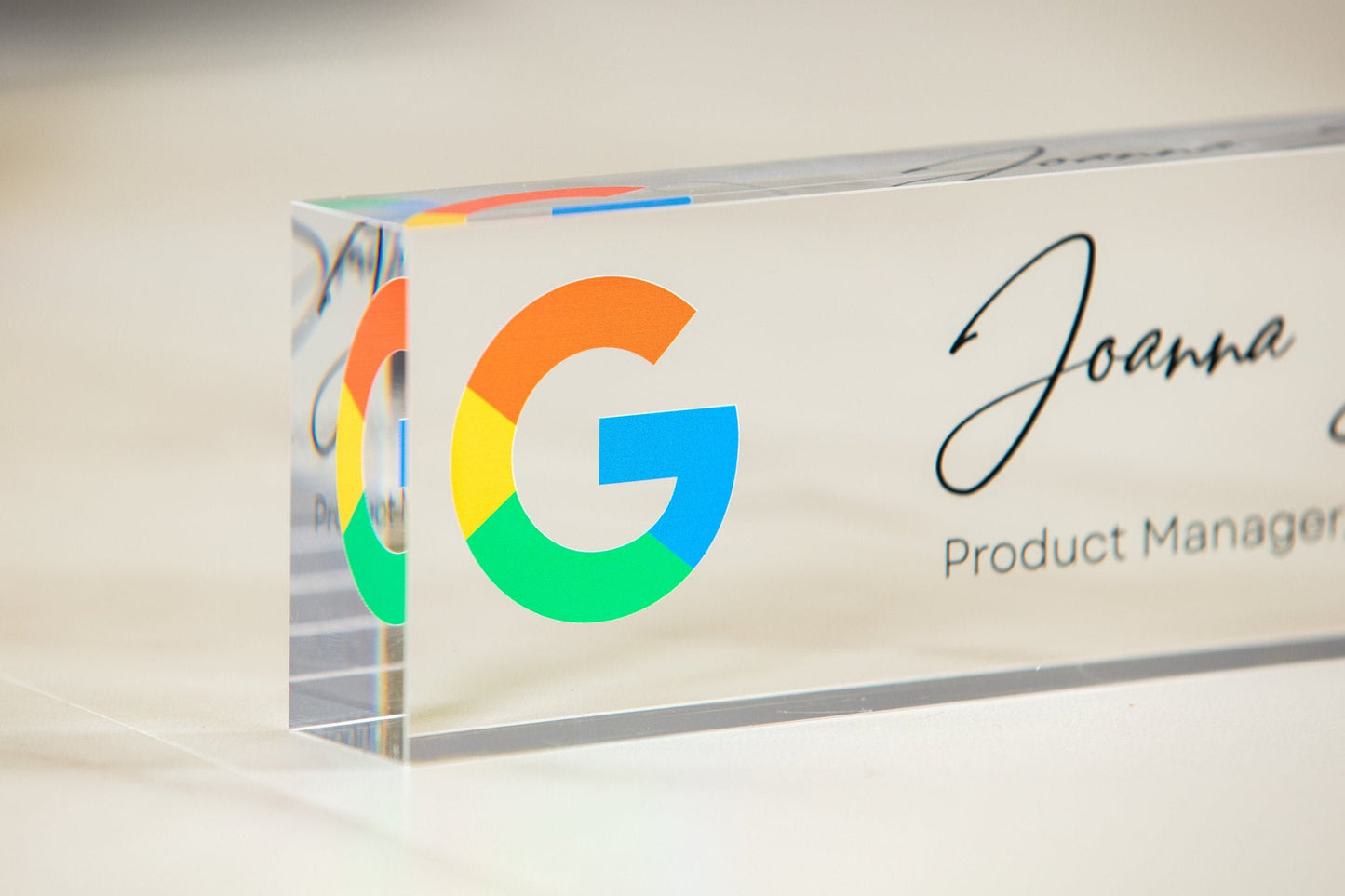 Acrylic Desk Block with Logo - 10x2.75 Executive CEO Plaque, New Job Office Business Decor, Company Staff Name Title Sign, Promotion Gift