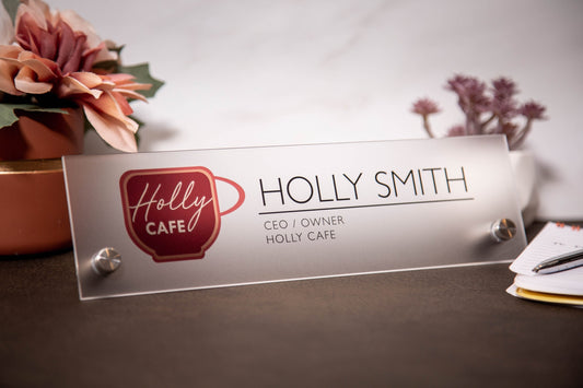 Frosted Standing Name Plate w/ Logo - 10x2.75" Clear Executive Desk Name Sign with Business Logo, Small Business Owner Gift, Gift for Him