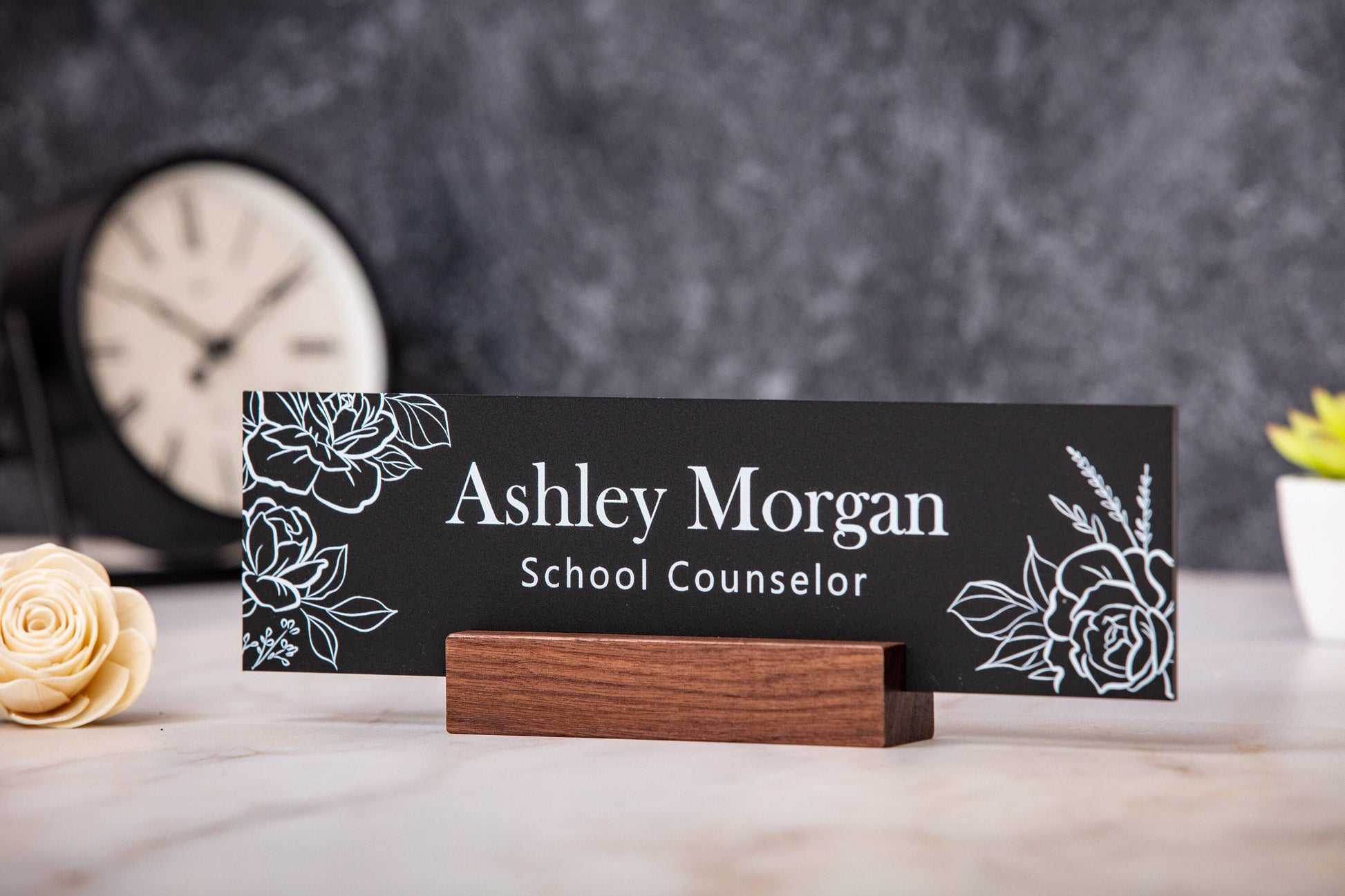 Acrylic Name Plate w/ Wood Stand - 10x2.75" Rose Floral Flowers Desk Name Sign Executive Desk CEO Sign, Custom Nurses Teacher School Gift