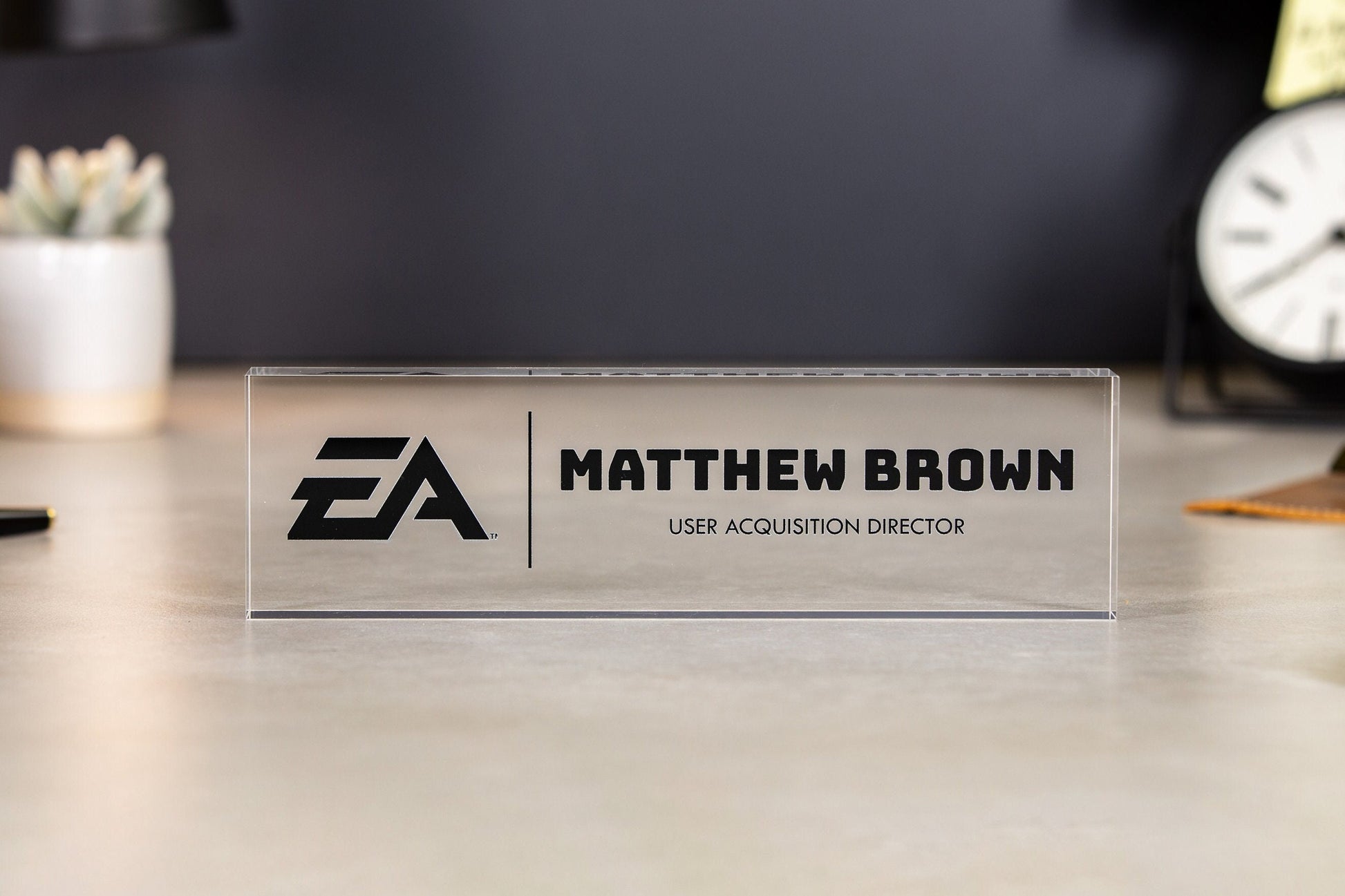Acrylic Desk Block with Logo - 10x2.75 Executive CEO Plaque, New Job Office Business Decor, Company Staff Name Title Sign, Promotion Gift