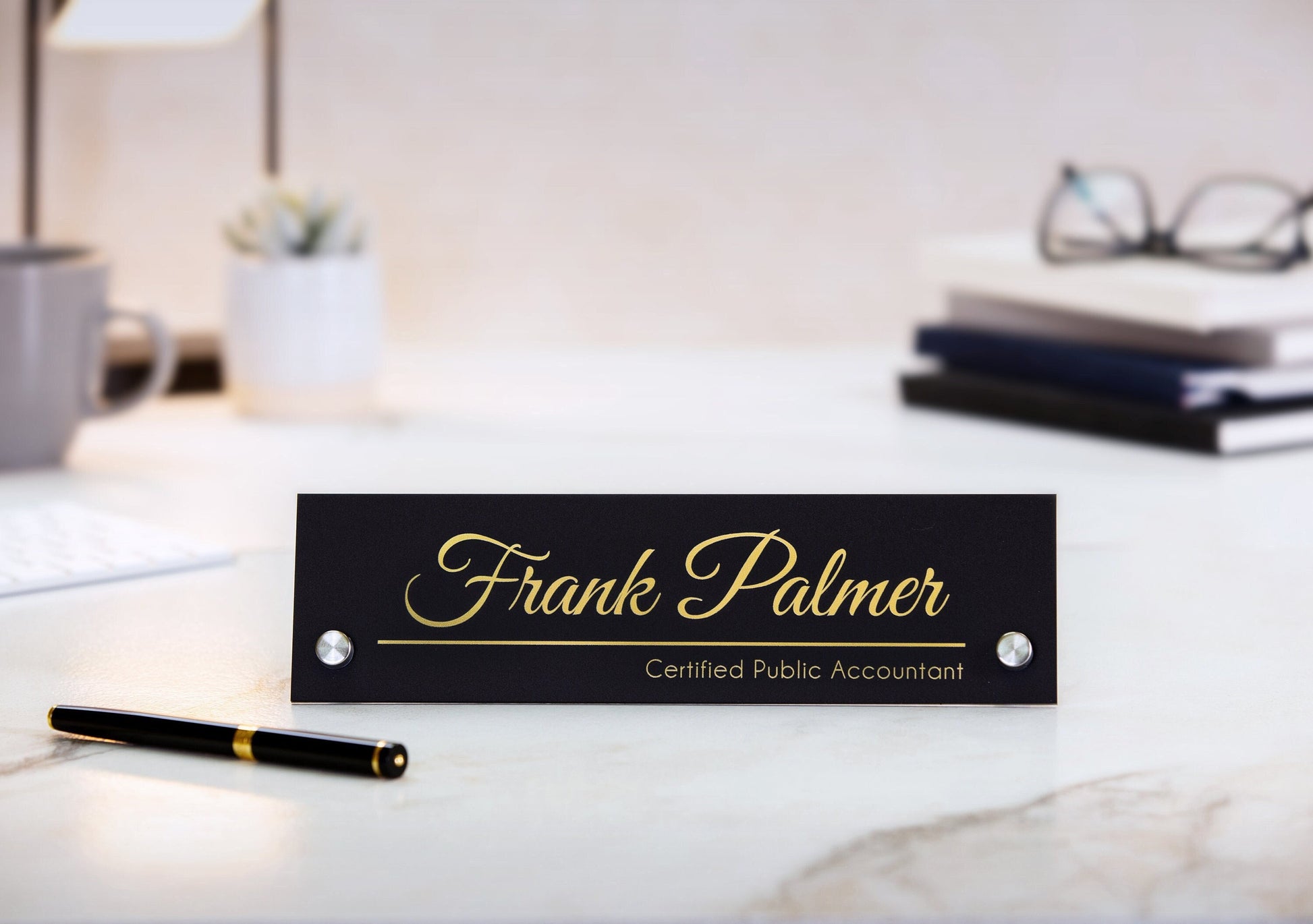 Standing Black Acrylic Name Plate (Gold Text) - Executive Desk CEO Sign, New Job Staff Corporate Employee Gift, Teacher Appreciation