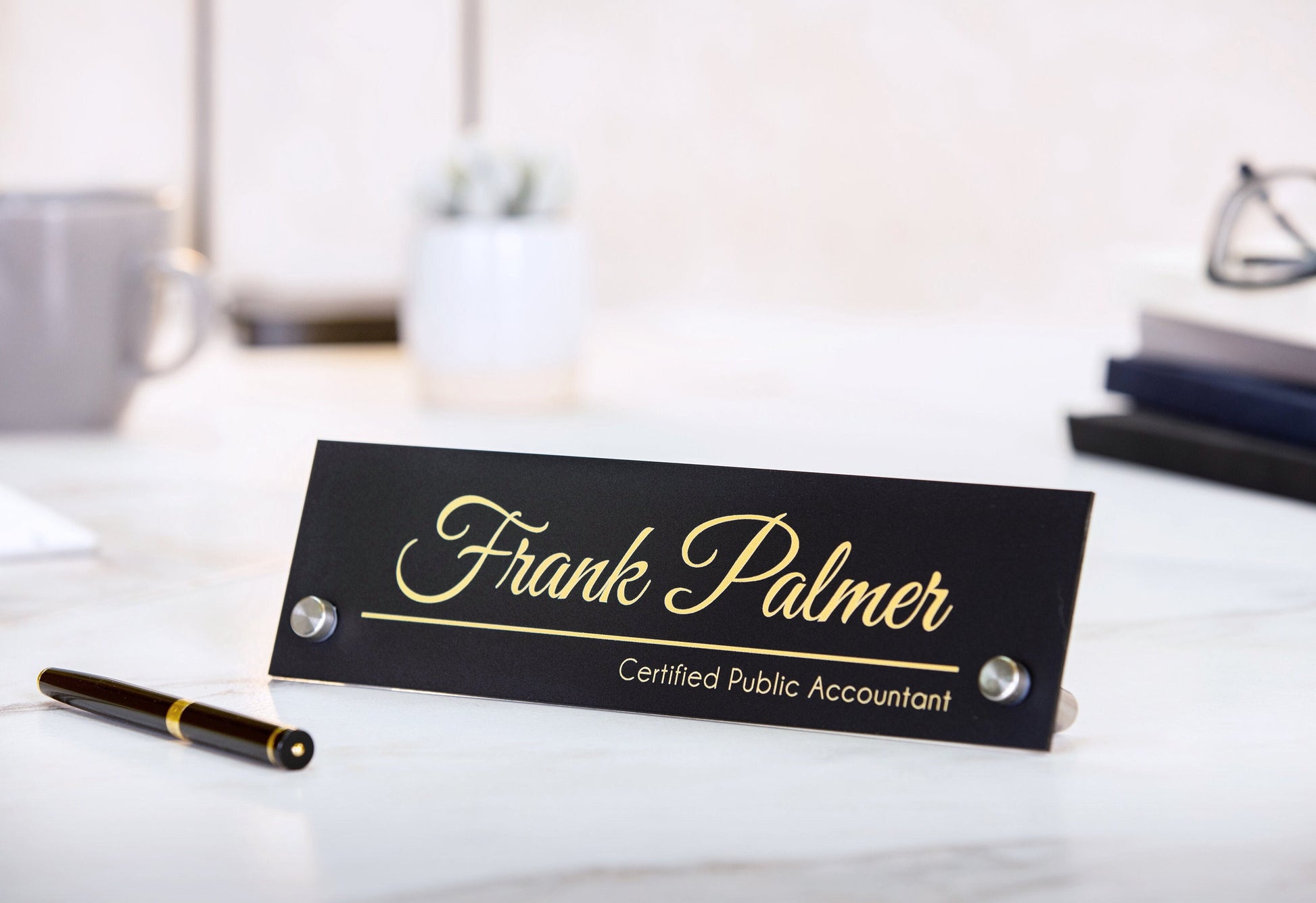 Standing Black Acrylic Name Plate (Gold Text) - Executive Desk CEO Sign, New Job Staff Corporate Employee Gift, Teacher Appreciation