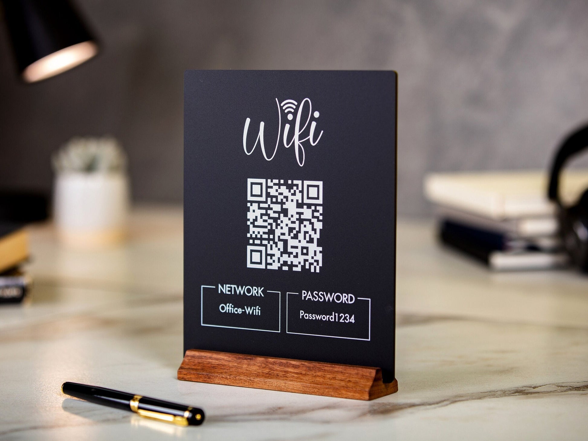 QR Code Wifi Acrylic Sign w/ Wood Base - 6.5 x 7.75" Table Sign for Home & Airbnb Rental, Small Business Nail Salon Restaurant Bar Signage