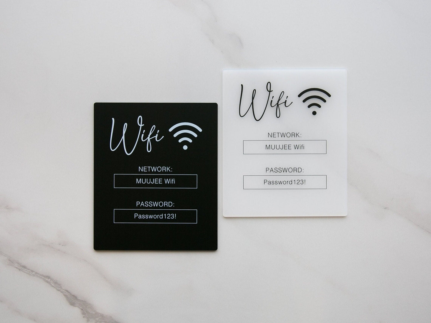 Wifi Acrylic Sign w/ Wood Base - 6.5 x 7.75" Ice or Black Table Sign for Home Airbnb Rental Small Business Salon Restaurant Bar Hotel Cafe