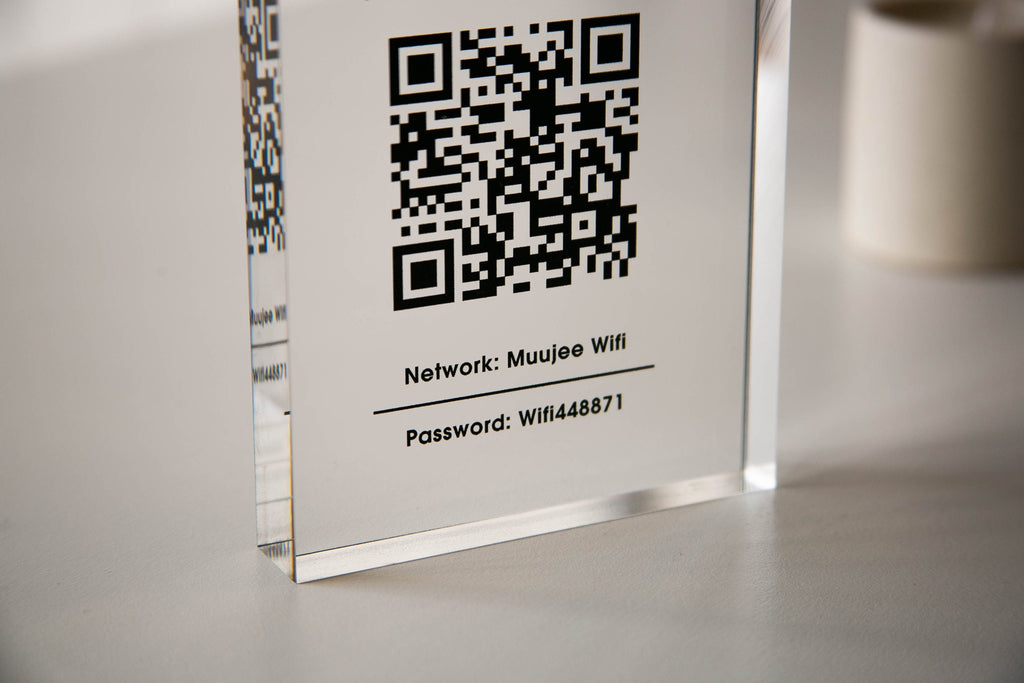 Personalized Acrylic QR Code Wifi Sign (Design 1) - Custom Network Password Table Top Signage Hotel Small Business Resaturants Bars Cafe