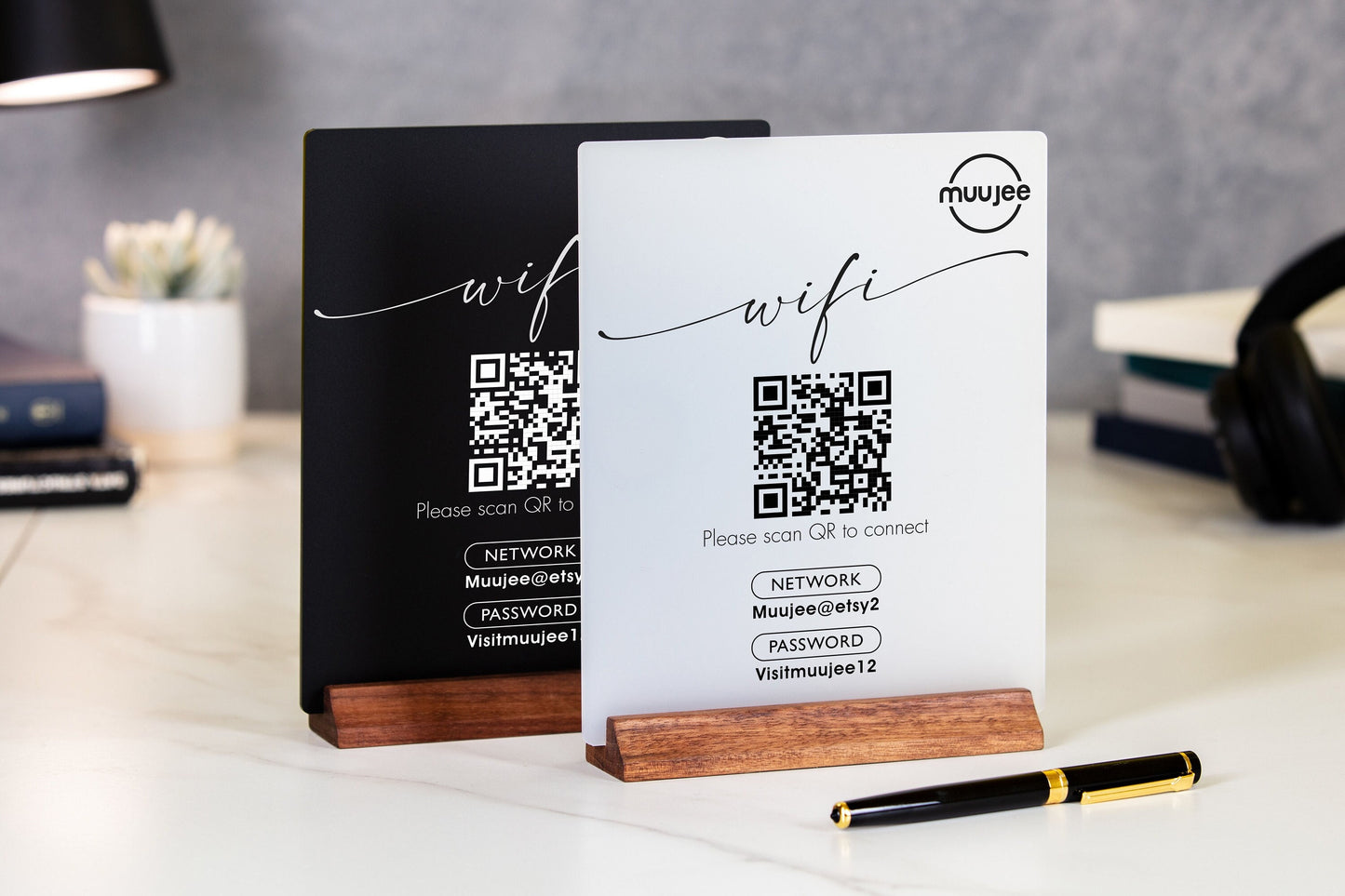 QR Code Logo Wifi Acrylic Sign w/ Wood Base - 6x7.75" Table Sign for Home & Airbnb Rental, Sign for Small Business Salon Restaurants Bar