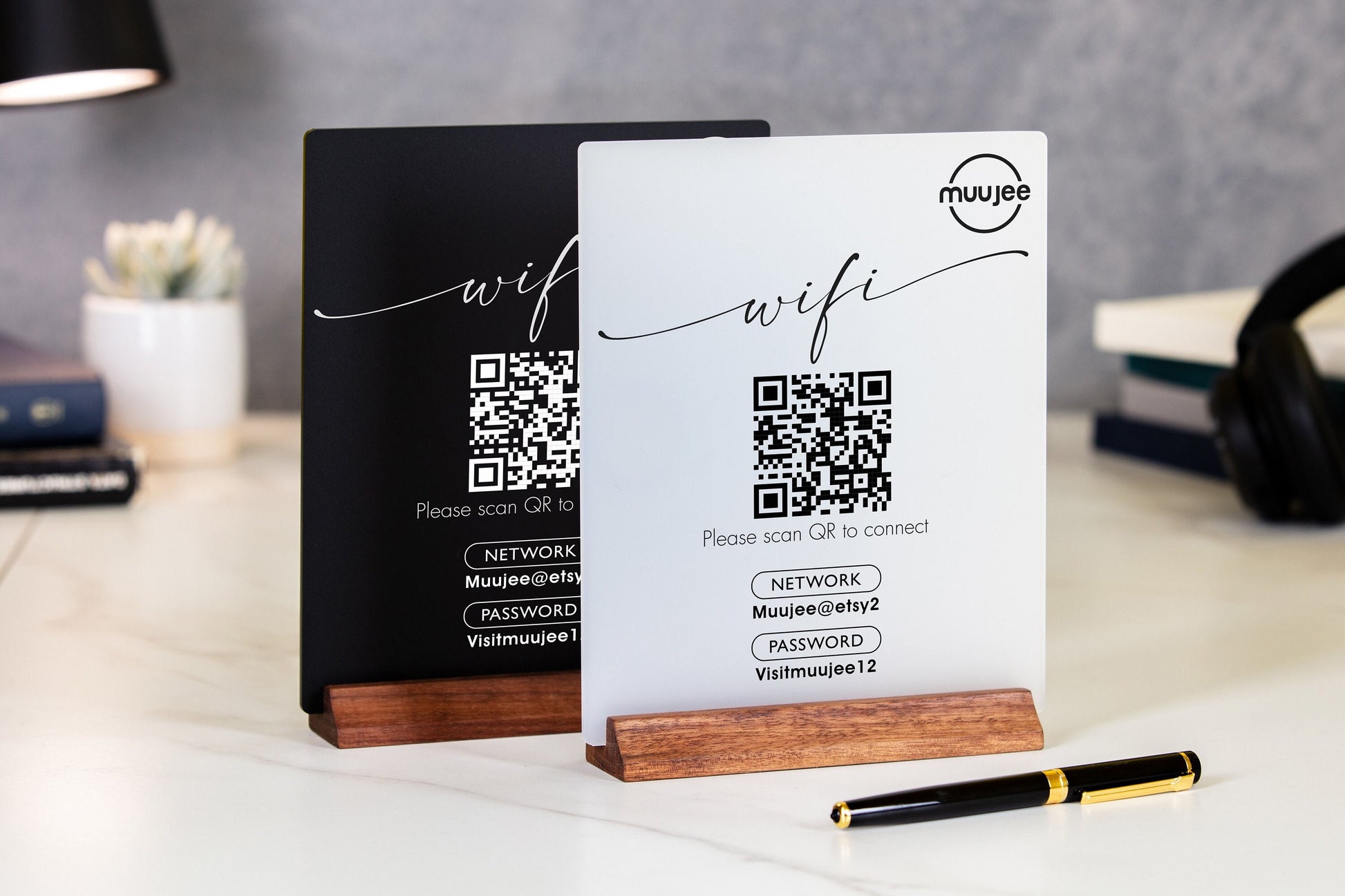 QR Code Logo Wifi Acrylic Sign w/ Wood Base - 6x7.75" Table Sign for Home & Airbnb Rental, Sign for Small Business Salon Restaurants Bar