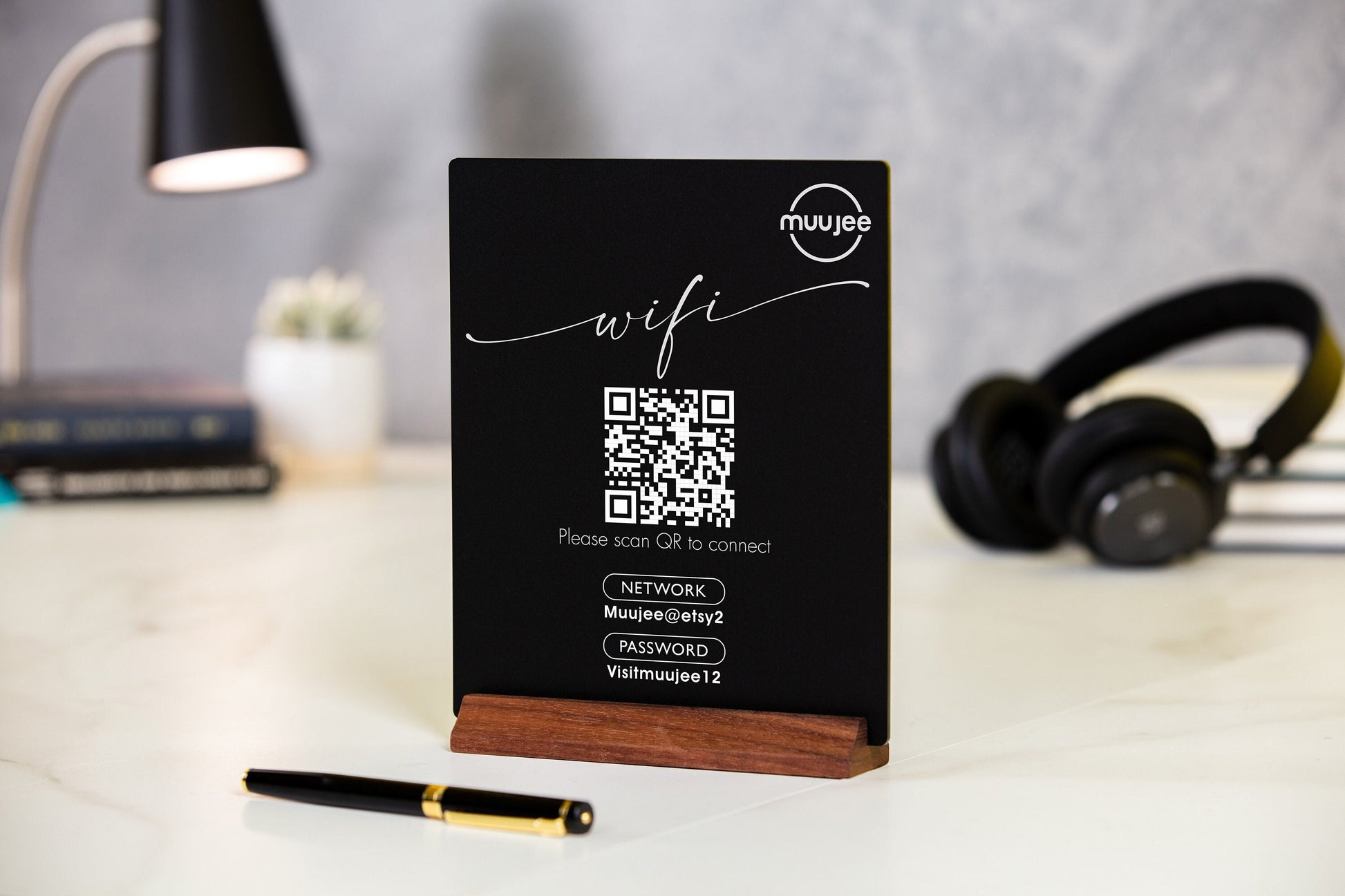 QR Code Logo Wifi Acrylic Sign w/ Wood Base - 6x7.75" Table Sign for Home & Airbnb Rental, Sign for Small Business Salon Restaurants Bar