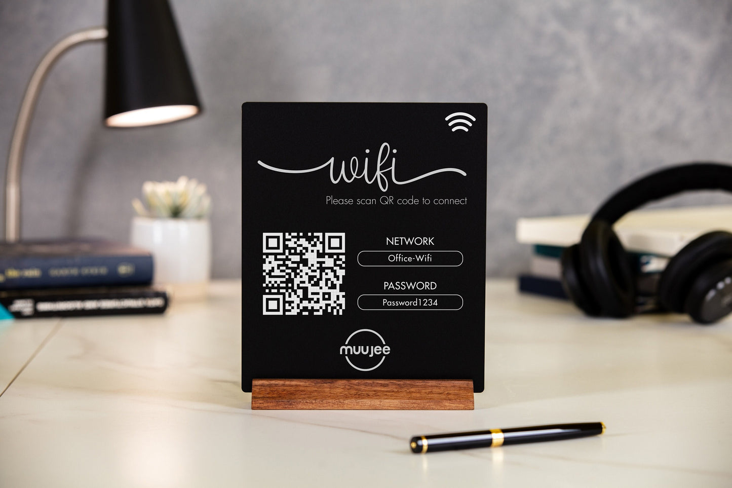 QR Code Logo Wifi Acrylic Sign w/ Wood Base - 6x7.75" Sign for Home & Airbnb Rental, Sign for Small Business Nail Salons Restaurants Bars