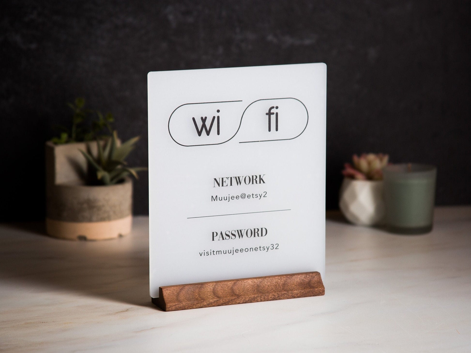 Wifi Acrylic Sign w/ Wood Base - 6.5 x 7.75" Table Signage for Home & Airbnb Rental, Custom Office Small Business Salons Restaurants Bar