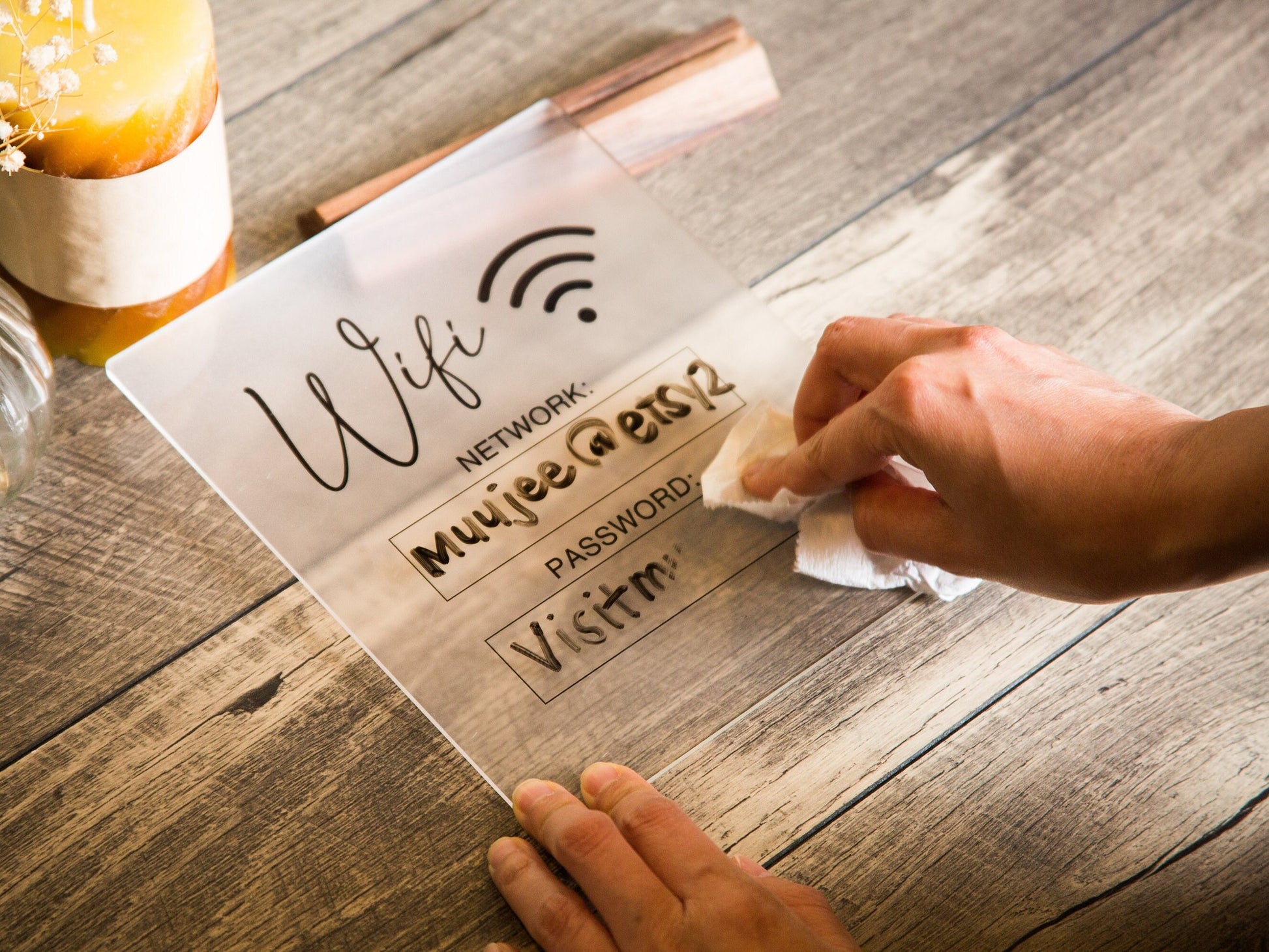 Dry Erase Wifi Acrylic Sign w/ Wood Base (Ready to Ship) - 6.5 x 7.75" Sign for Home & Airbnb Rental, Business Restaurants Bars Hotel