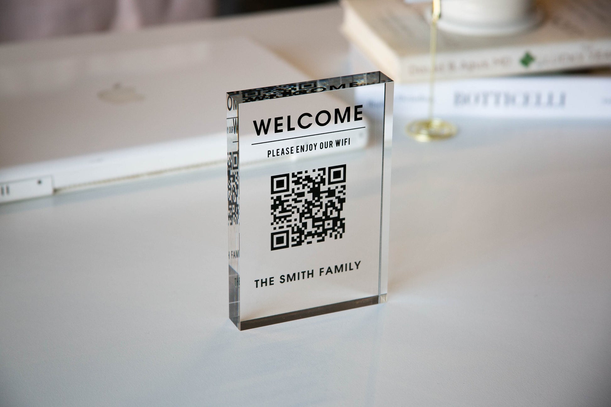 Personalized Acrylic QR Code Wifi Sign (Design 4) - Custom Welcome Internet Sign for Airbnb Vacation Rental Guestroom Visitor Small Business