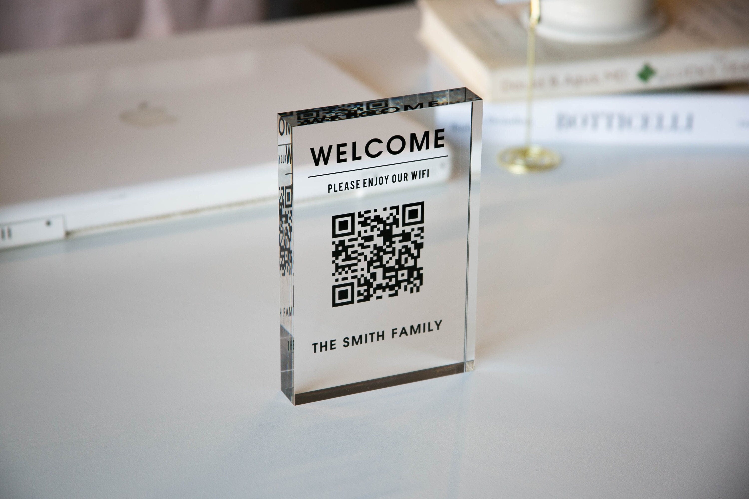 Personalized Acrylic QR Code Wifi Sign (Design 4) - Custom Welcome Internet Sign for Airbnb Vacation Rental Guestroom Visitor Small Business