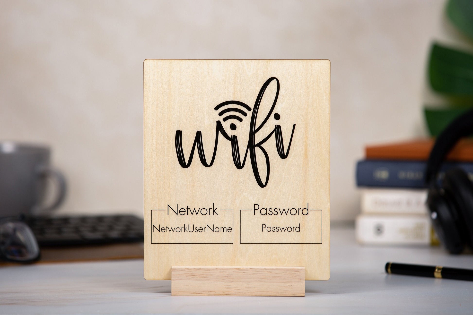 Wood Wifi Sign w/ Maple Wood Stand (Design 1) - Freestanding Tabletop Sign Guestroom Essential AirBnB Cabin Rental Cafe Bar Spa Waiting Area