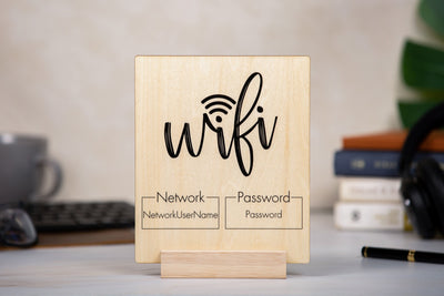 Wood Wifi Sign w/ Maple Wood Stand (Design 1) - Freestanding Tabletop Sign Guestroom Essential AirBnB Cabin Rental Cafe Bar Spa Waiting Area