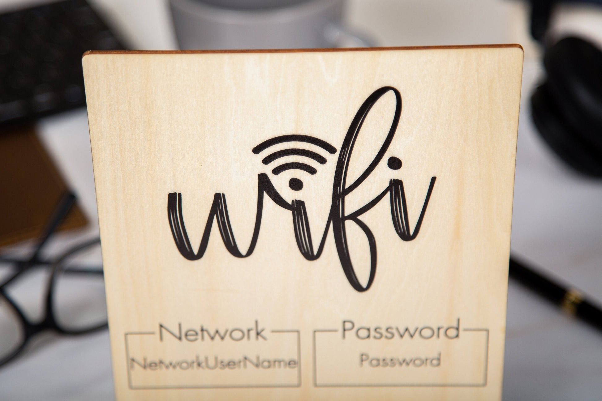 Wood Wifi Sign w/ Maple Wood Stand (Design 1) - Freestanding Tabletop Sign Guestroom Essential AirBnB Cabin Rental Cafe Bar Spa Waiting Area