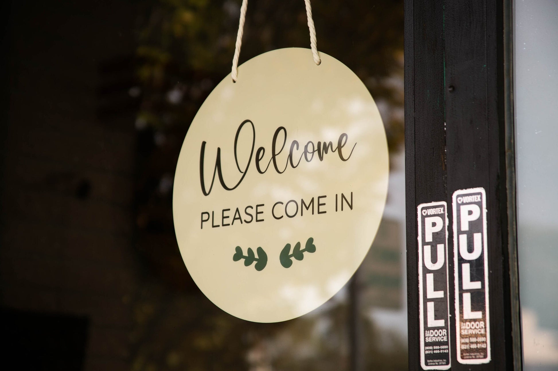 Round Hanging Acrylic Sign (Welcome) w/ White Rope - custom signage for office home rental door, small business logo sign, trade show signs