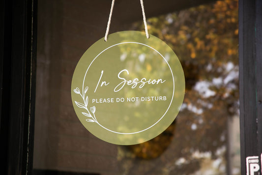 Round Hanging Acrylic Sign (In Session) w/ White Rope - Custom window signage for office, rental, small business logo, trade shows signs