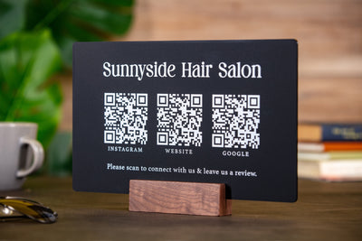 3 QR Codes Business Sign w/ Wood Stand - 11.5x7" Scannable Acrylic Instagram Tiktok Website Business Salon Restaurant Bar Reviews Tips Sign