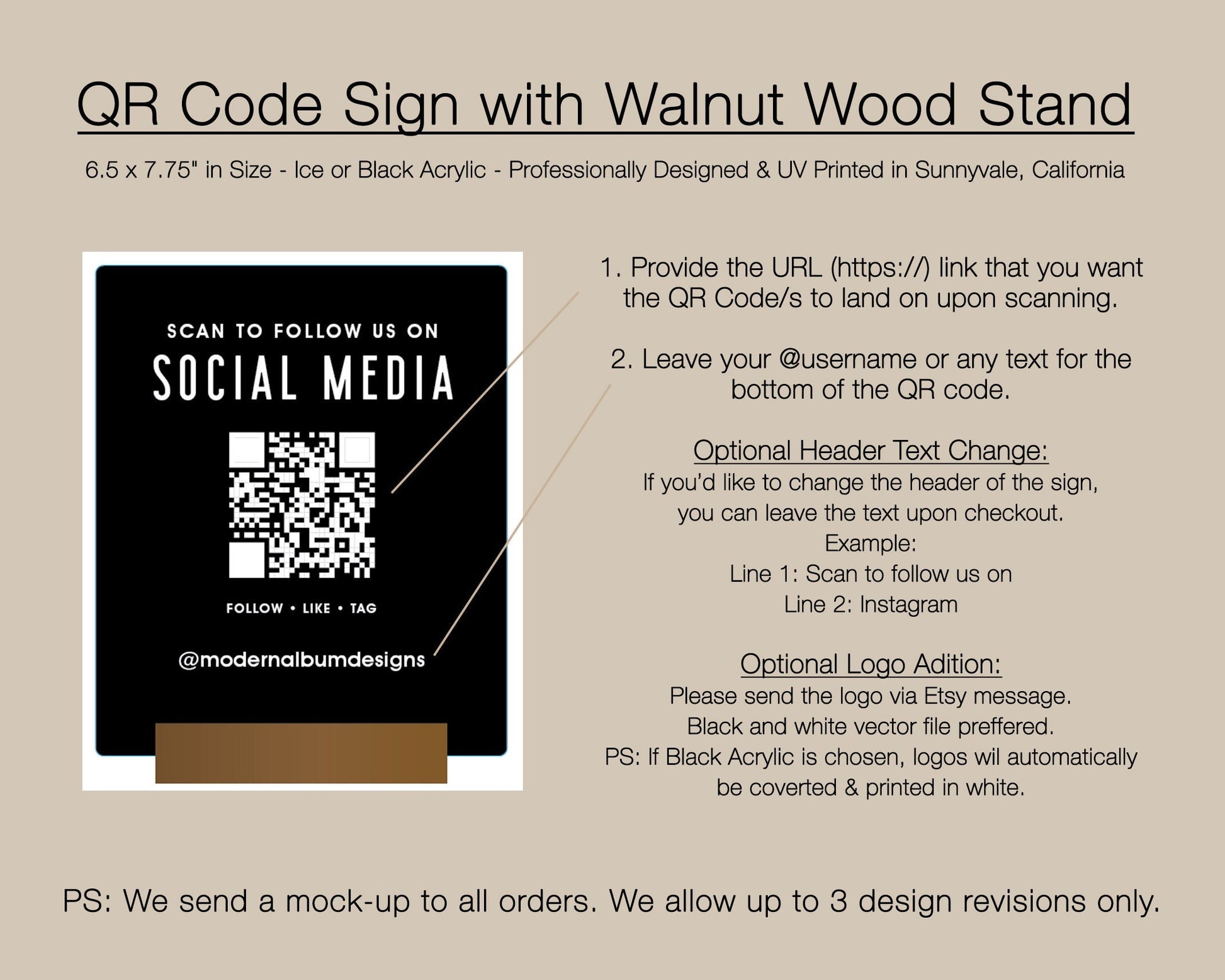 QR Code Social Media Sign w/ Wood Stand - Scannable Office Table Desk Signage, Social Media for Small Business, Salon Restaurant Bar Signs