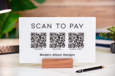 3 QR Codes Scan to Pay w/ Wood Stand - 11.5x7" Scannable Acrylic Desk Signs, Instagram Venmo Website Business Restaurant Bar Reviews Tips