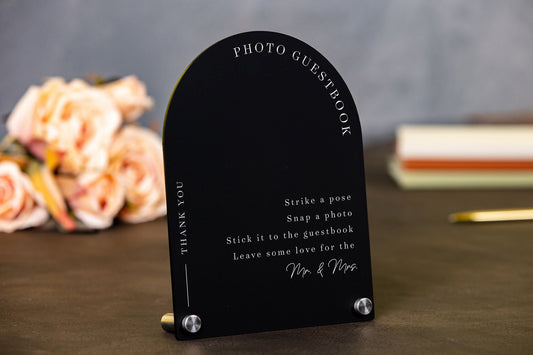 Arch Wedding Table Sign (Design 9) - 6 x 7.5" Please Sign Our Guestbook Custom Acrylic, Photo Guest Book Table Decor Signage, Polaroid Sign