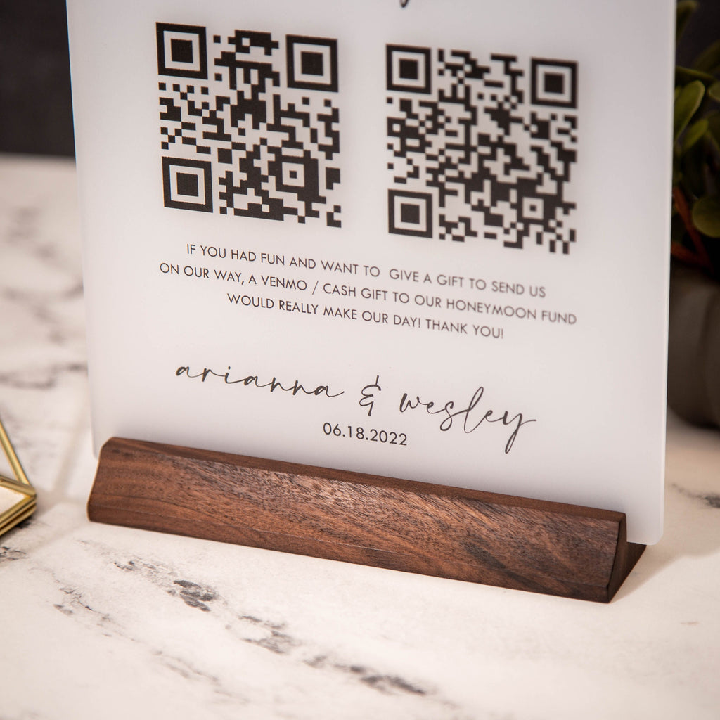 Honeymoon Fund QR Sign (Ice Acrylic) w/ Wood Stand - 6.5 x 7.75" Scannable QR Code Wedding Sign, Wedding Gift Table Decor, Venmo Link