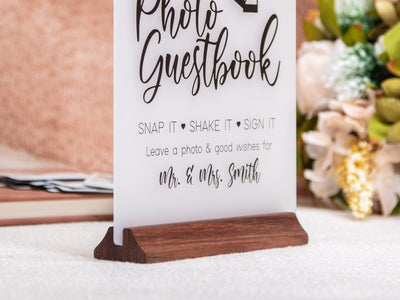 Ice Acrylic Guest Book Sign w/ Wood Stand - 6.5 x 7.75" Photo Guestbook Sign for Table Decor, Signage for Guest Book, Modern Wedding