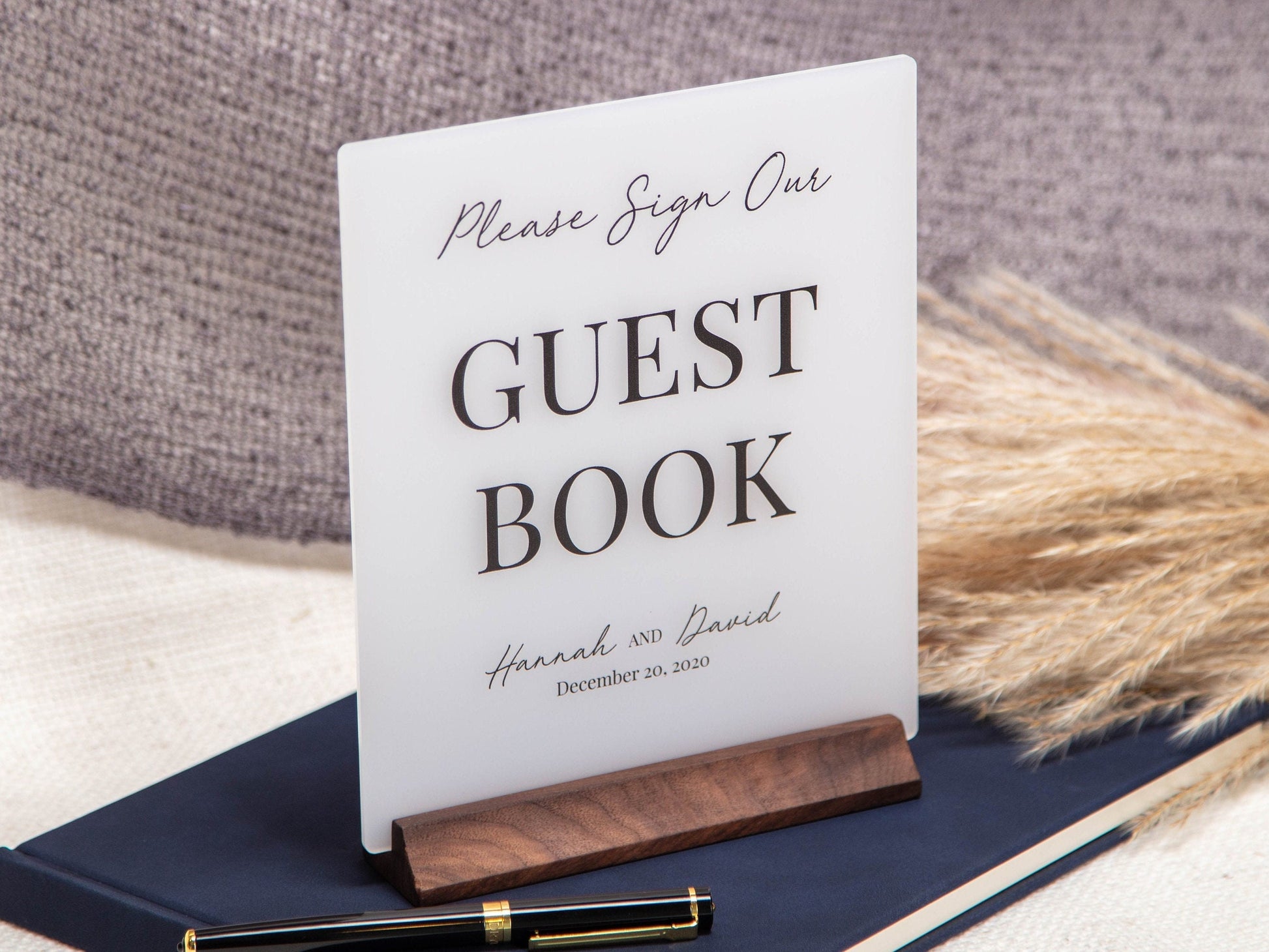 Ice Acrylic Guest Book Sign w/ Wood Stand - 6.5 x 7.75" Please Sign Our Guestbook Sign for Table Decor, Signage for Guest Book