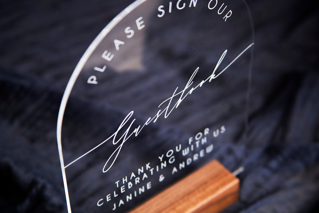 Modern Arch Acrylic Guest Book Sign w/ Wood Stand - 5.9 x 7.72" Please Sign Our Guestbook Sign for Table Decor, Signage for Guest Book