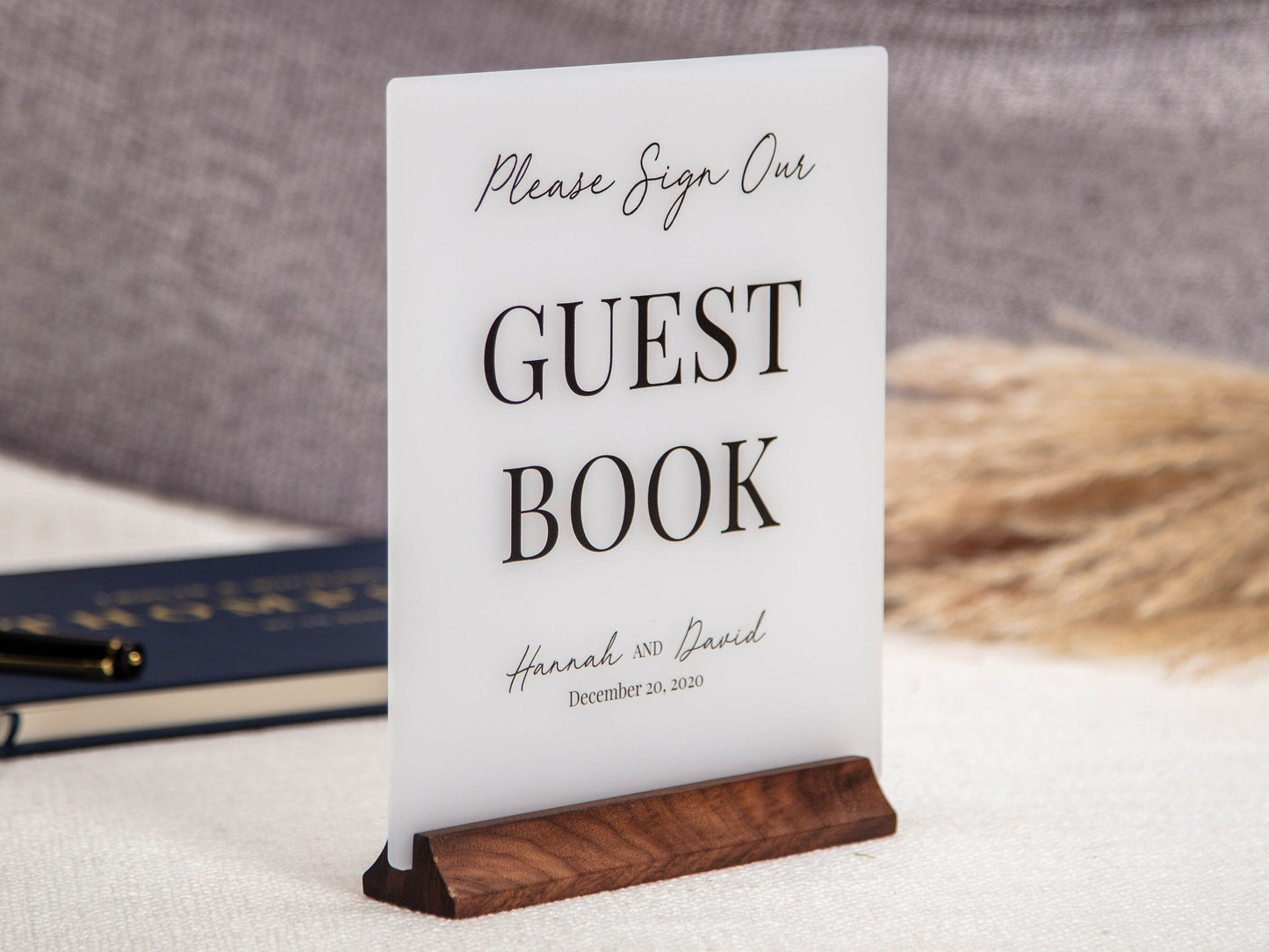 Ice Acrylic Guest Book Sign w/ Wood Stand - 6.5 x 7.75" Please Sign Our Guestbook Sign for Table Decor, Signage for Guest Book