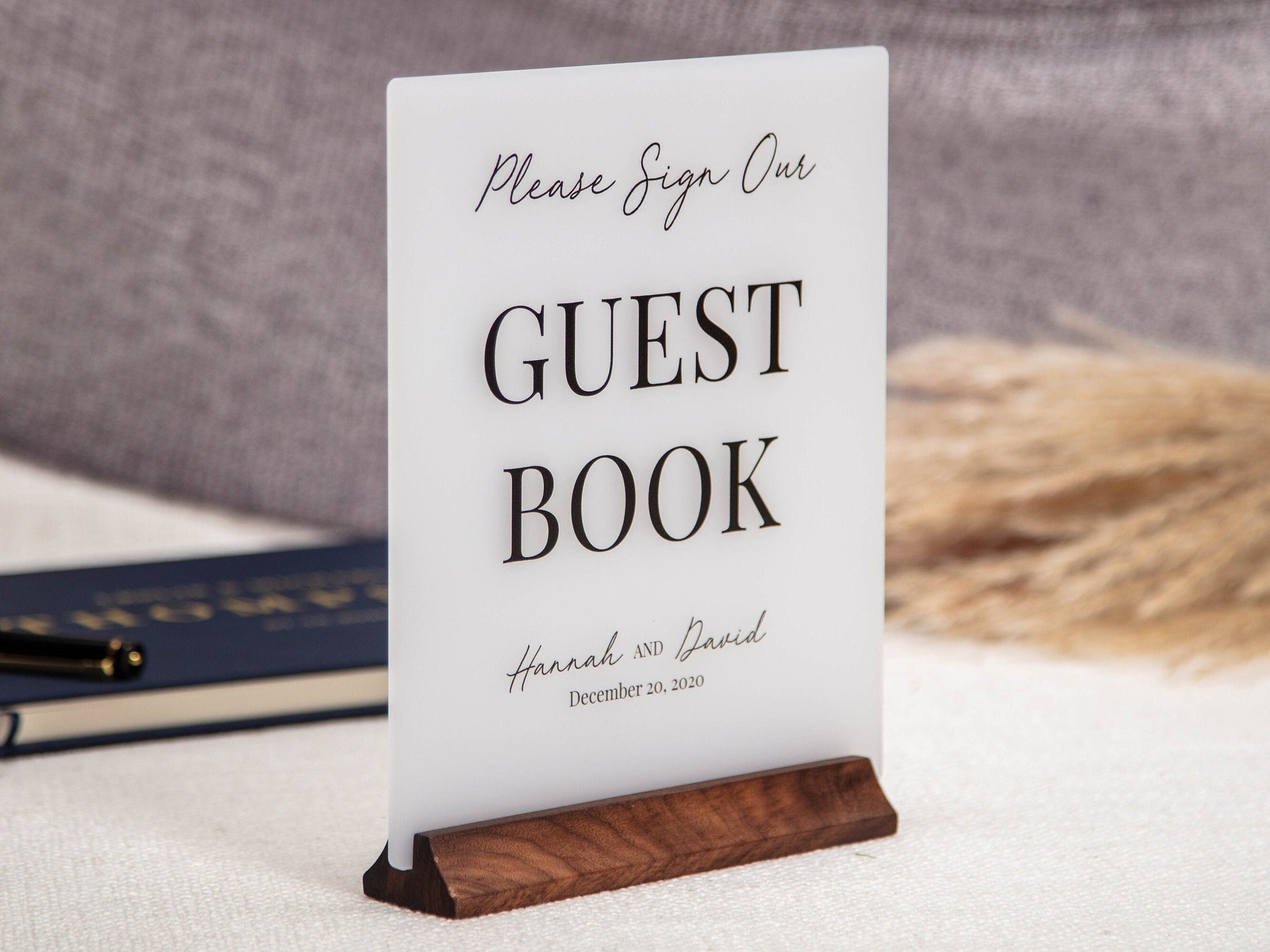 Ice Acrylic Guest Book Sign w/ Wood Stand - 6.5 x 7.75" Please Sign Our Guestbook Sign for Table Decor, Signage for Guest Book
