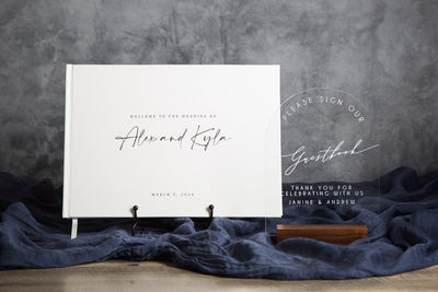 Modern Arch Acrylic Guest Book Sign w/ Wood Stand - 5.9 x 7.72" Please Sign Our Guestbook Sign for Table Decor, Signage for Guest Book