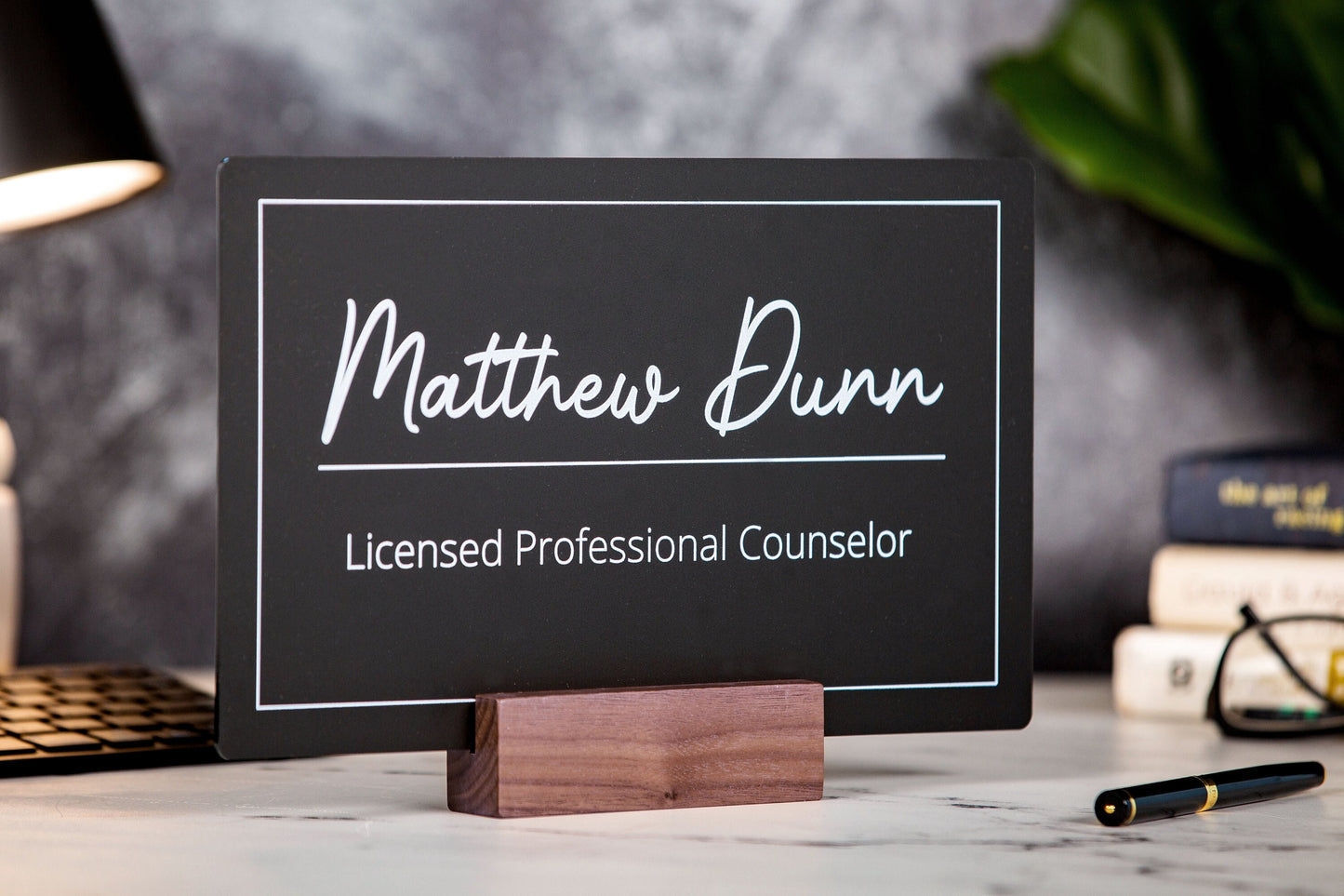 Black Wall Door Interchangeable Name Plate w/ Wood Stand- 11.5x7" Personalized Custom Name Sign for Home & Office Wall, New Job Office Decor