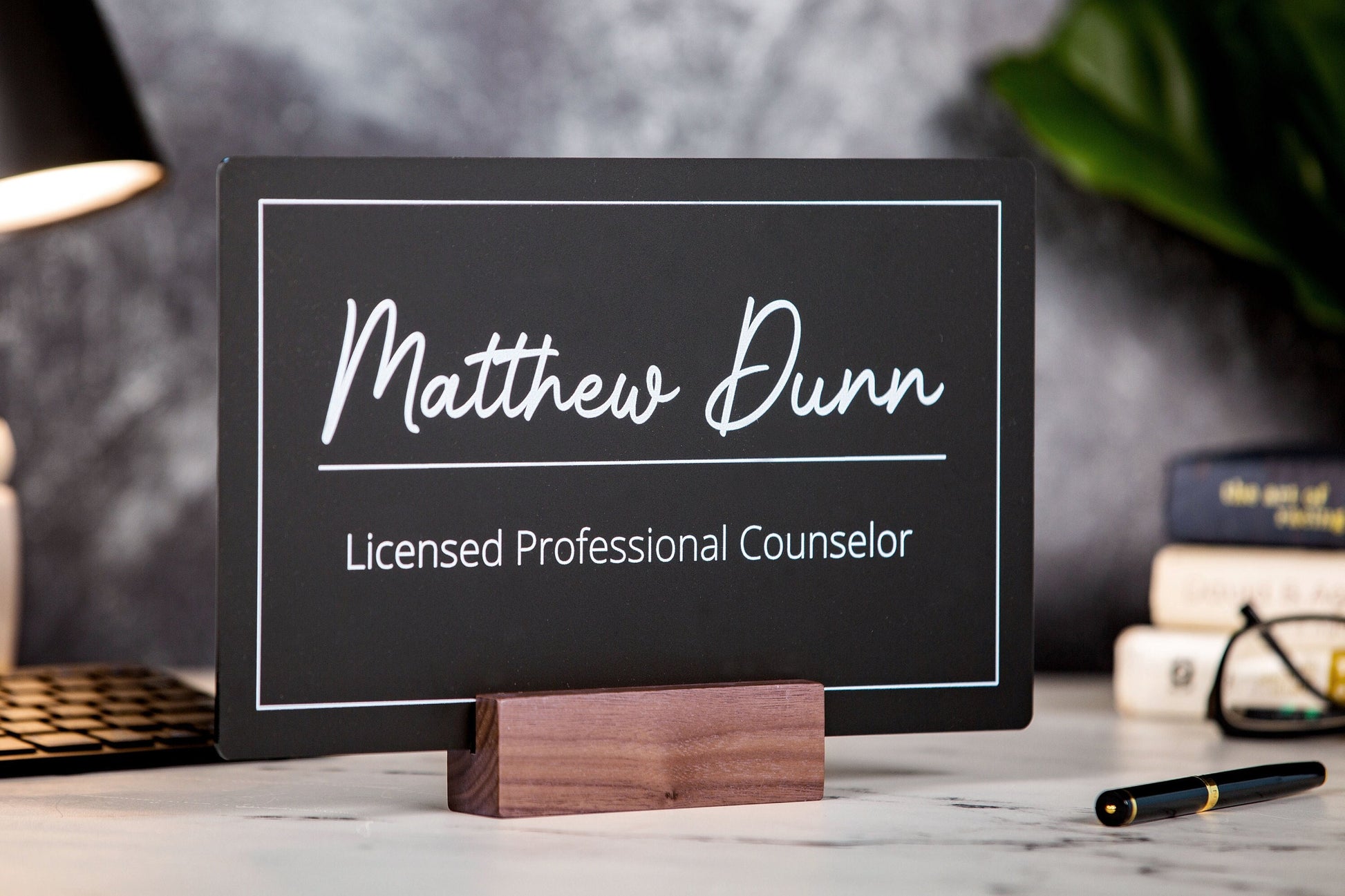 Black Wall Door Interchangeable Name Plate w/ Wood Stand- 11.5x7" Personalized Custom Name Sign for Home & Office Wall, New Job Office Decor