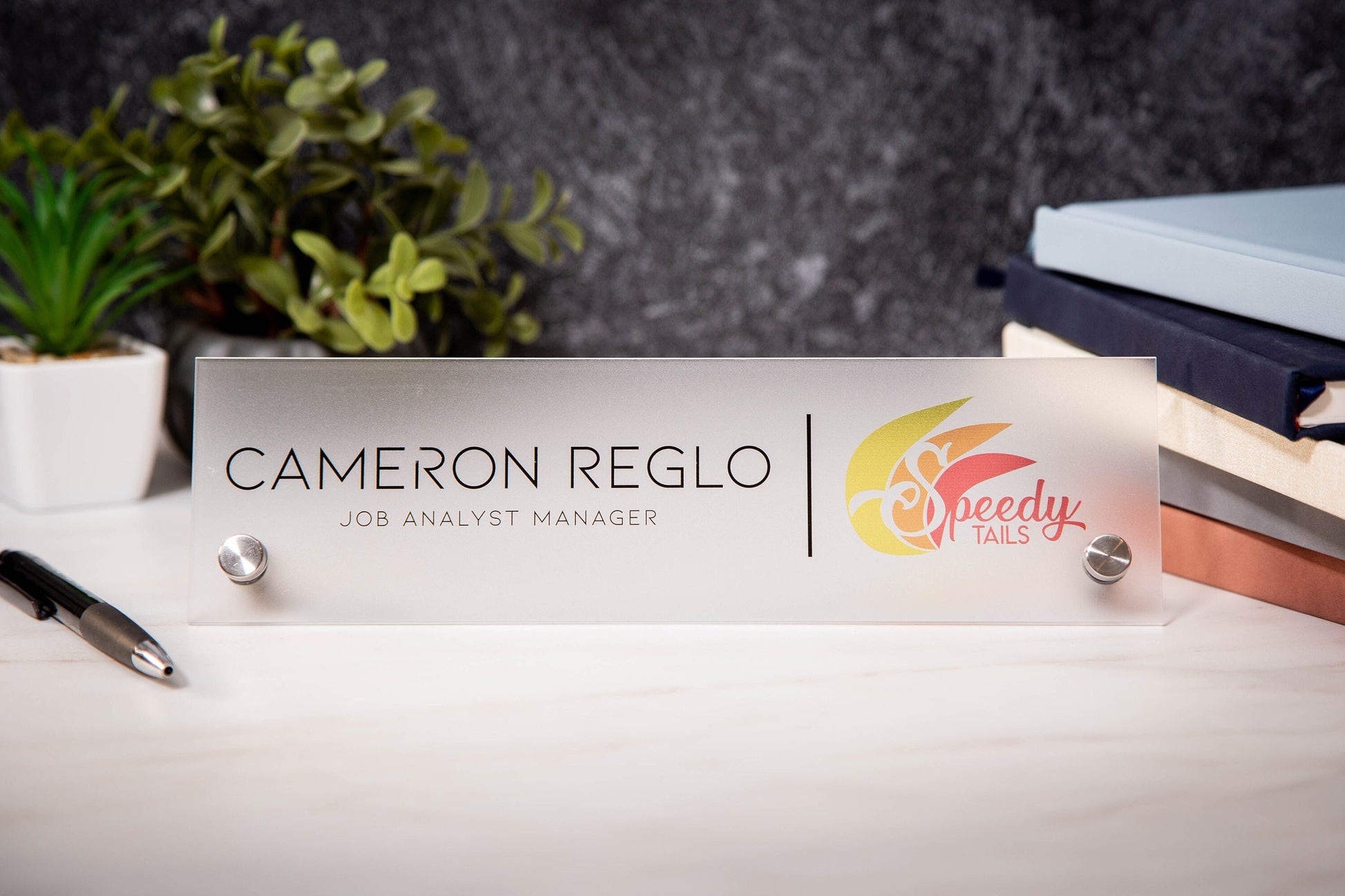 Frosted Standing Name Plate w/ Logo - 10x2.75" Desk Name Sign with Business Logo, New Job Office Decor, Coworker Promotion , Mom Dad Gift