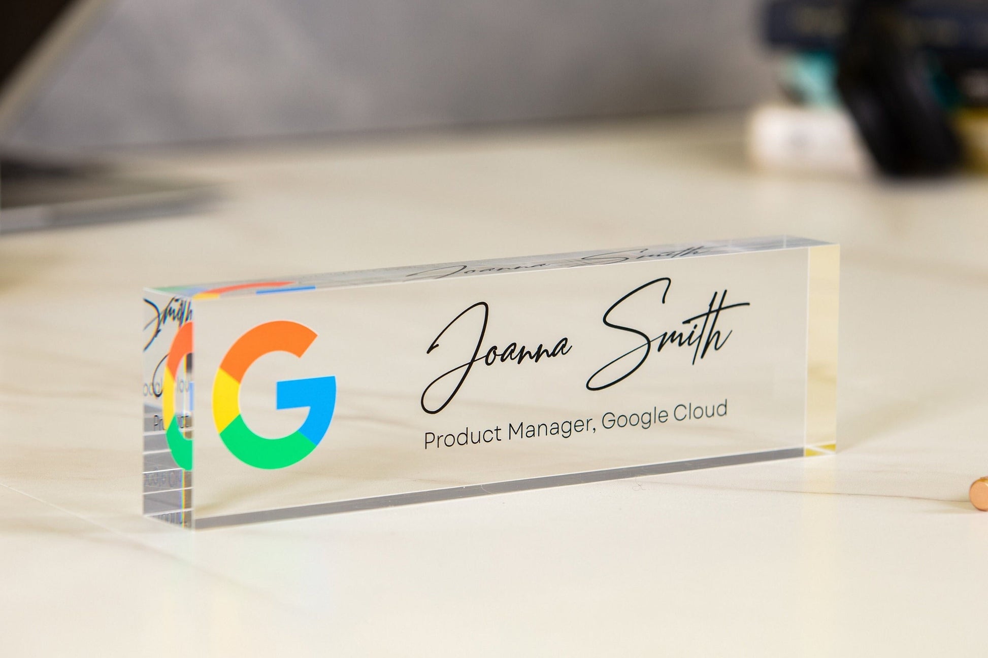Acrylic Desk Block with Logo - 10x2.75 Executive CEO Plaque, New Job Office Business Decor, Company Staff Name Title Sign, Promotion Gift