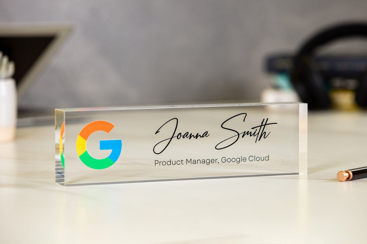 Acrylic Desk Block with Logo - 10x2.75 Executive CEO Plaque, New Job Office Business Decor, Company Staff Name Title Sign, Promotion Gift