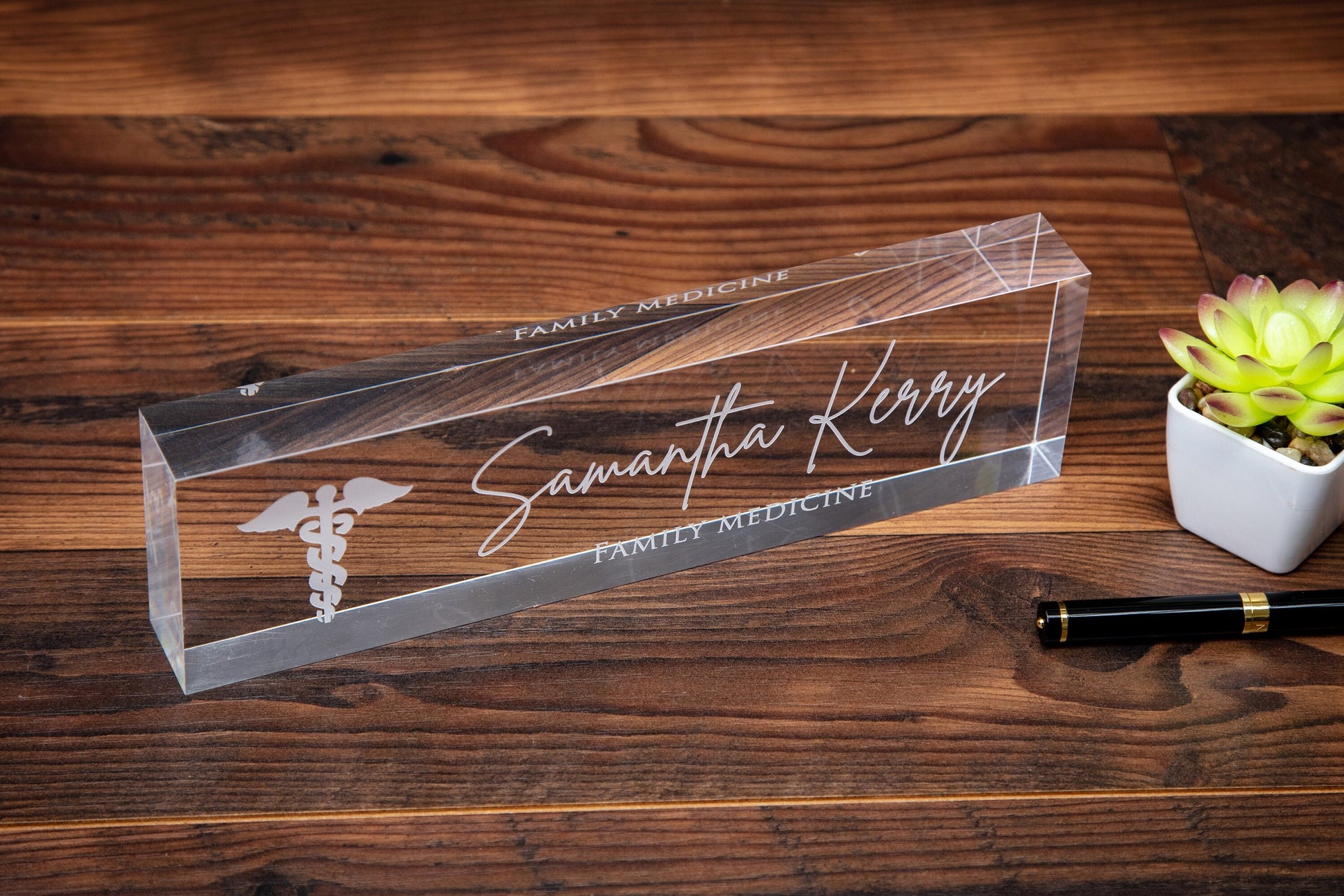 Engraved Desk Block w/ Logo - Minimal Medical Professional Desk CEO, Doctor Name Sign, New Job Office Decor, Corporate or Promotion Gift