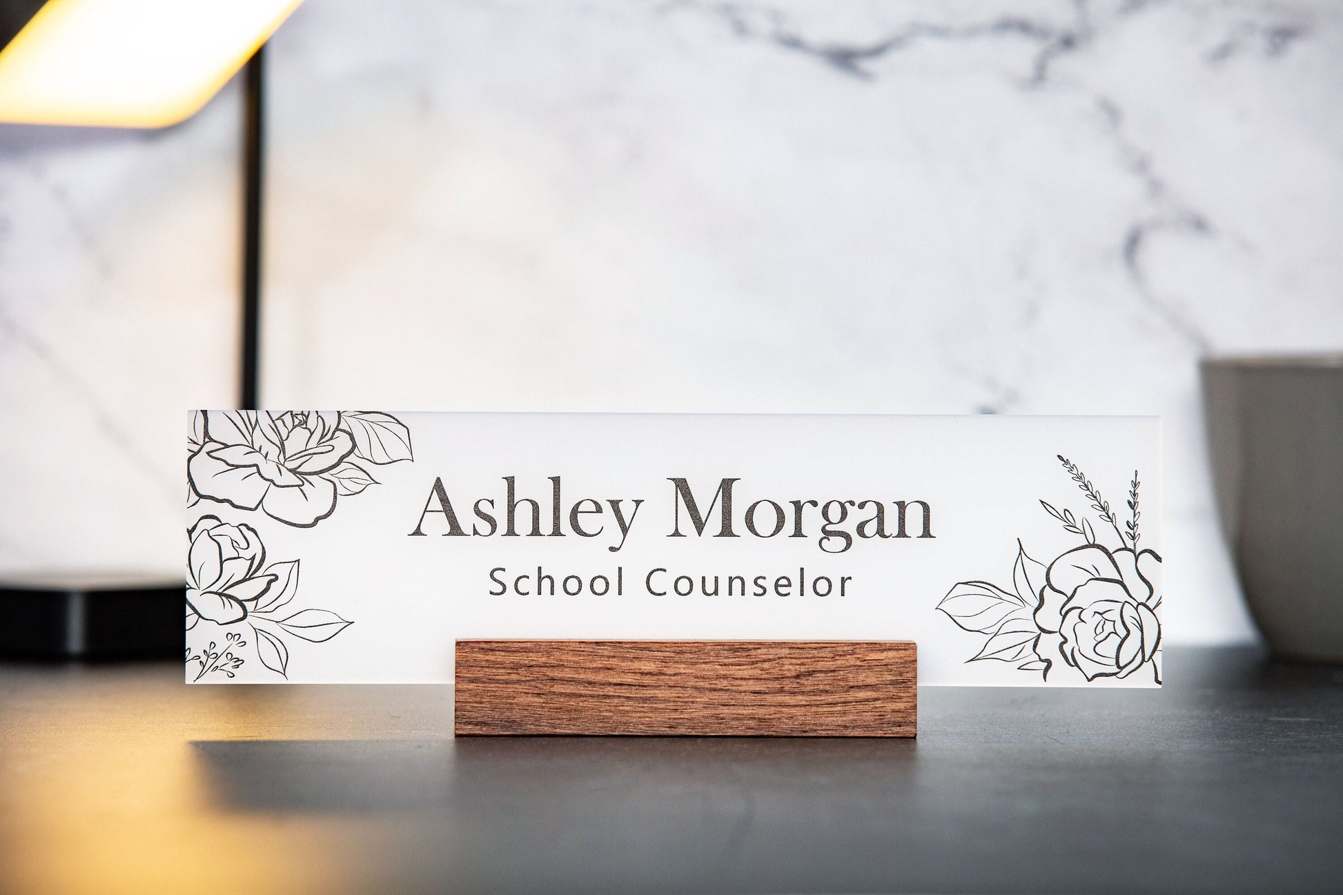 Acrylic Name Plate w/ Wood Stand - 10x2.75" Rose Floral Flowers Desk Name Sign Executive Desk CEO Sign, Custom Nurses Teacher School Gift
