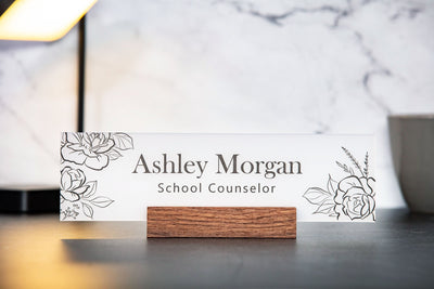 Acrylic Name Plate w/ Wood Stand - 10x2.75" Rose Floral Flowers Desk Name Sign Executive Desk CEO Sign, Custom Nurses Teacher School Gift