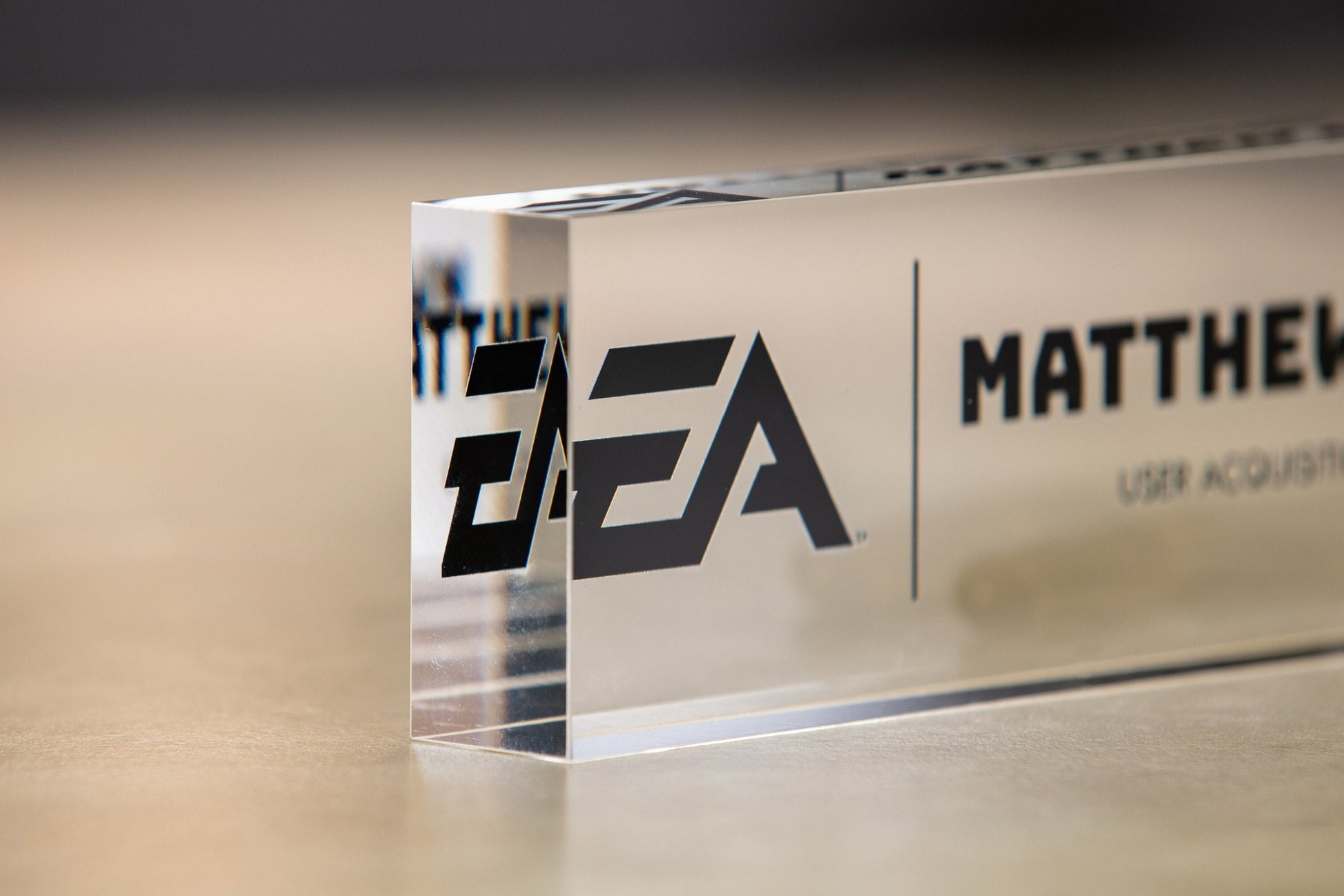Acrylic Desk Block with Logo - 10x2.75 Executive CEO Plaque, New Job Office Business Decor, Company Staff Name Title Sign, Promotion Gift