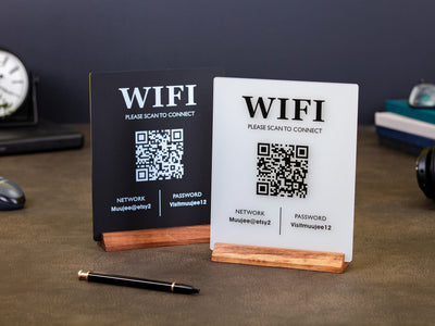 QR Code Wifi Acrylic Sign w/ Wood Base - 6x7.75" Table Sign for Home & Airbnb Rental, Sign for Small Business Office Signage, Salon Spa Wifi