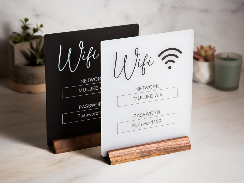 Wifi Acrylic Sign w/ Wood Base - 6.5 x 7.75" Ice or Black Table Sign for Home Airbnb Rental Small Business Salon Restaurant Bar Hotel Café