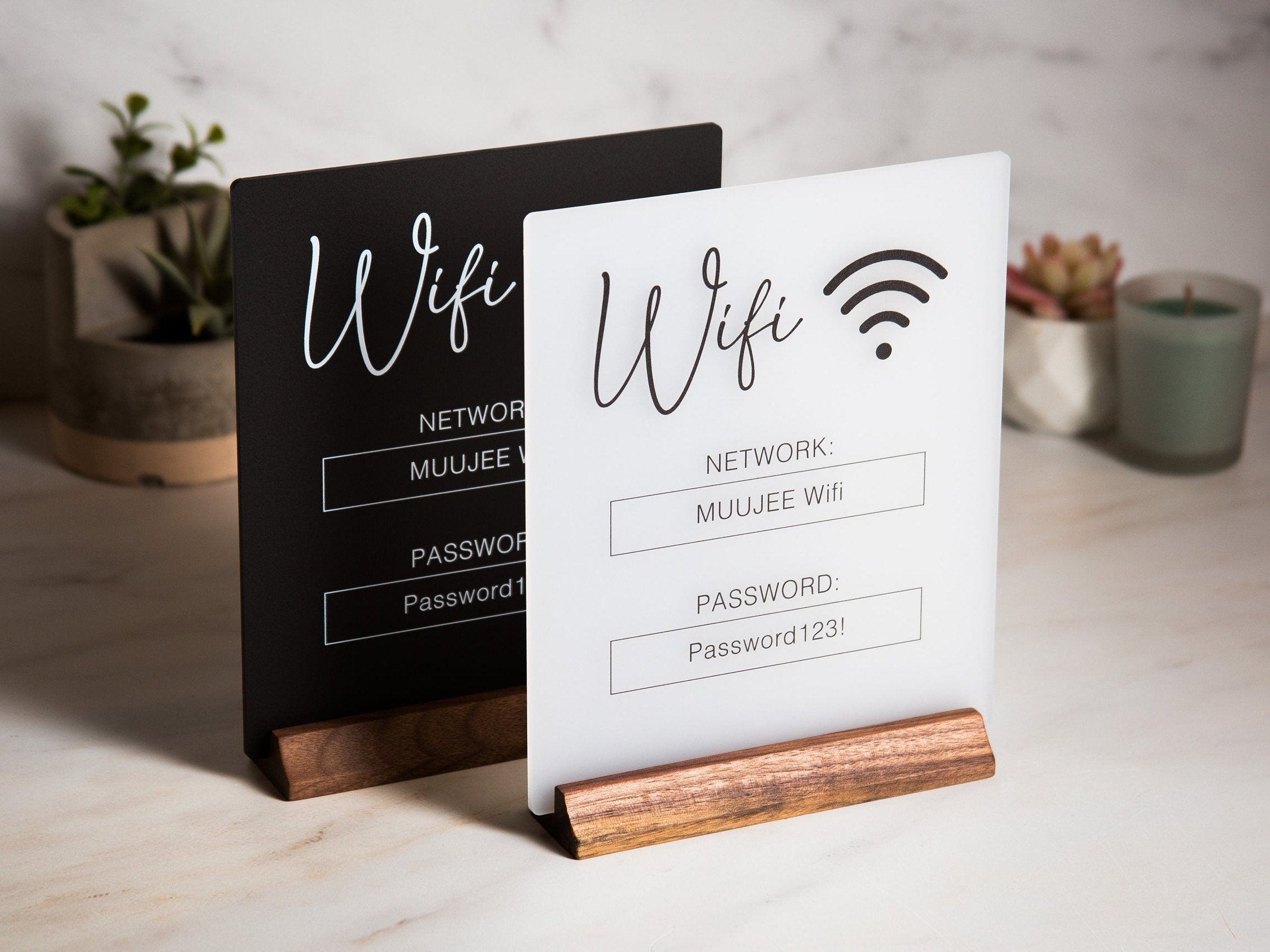 Wifi Acrylic Sign w/ Wood Base - 6.5 x 7.75" Ice or Black Table Sign for Home Airbnb Rental Small Business Salon Restaurant Bar Hotel Café