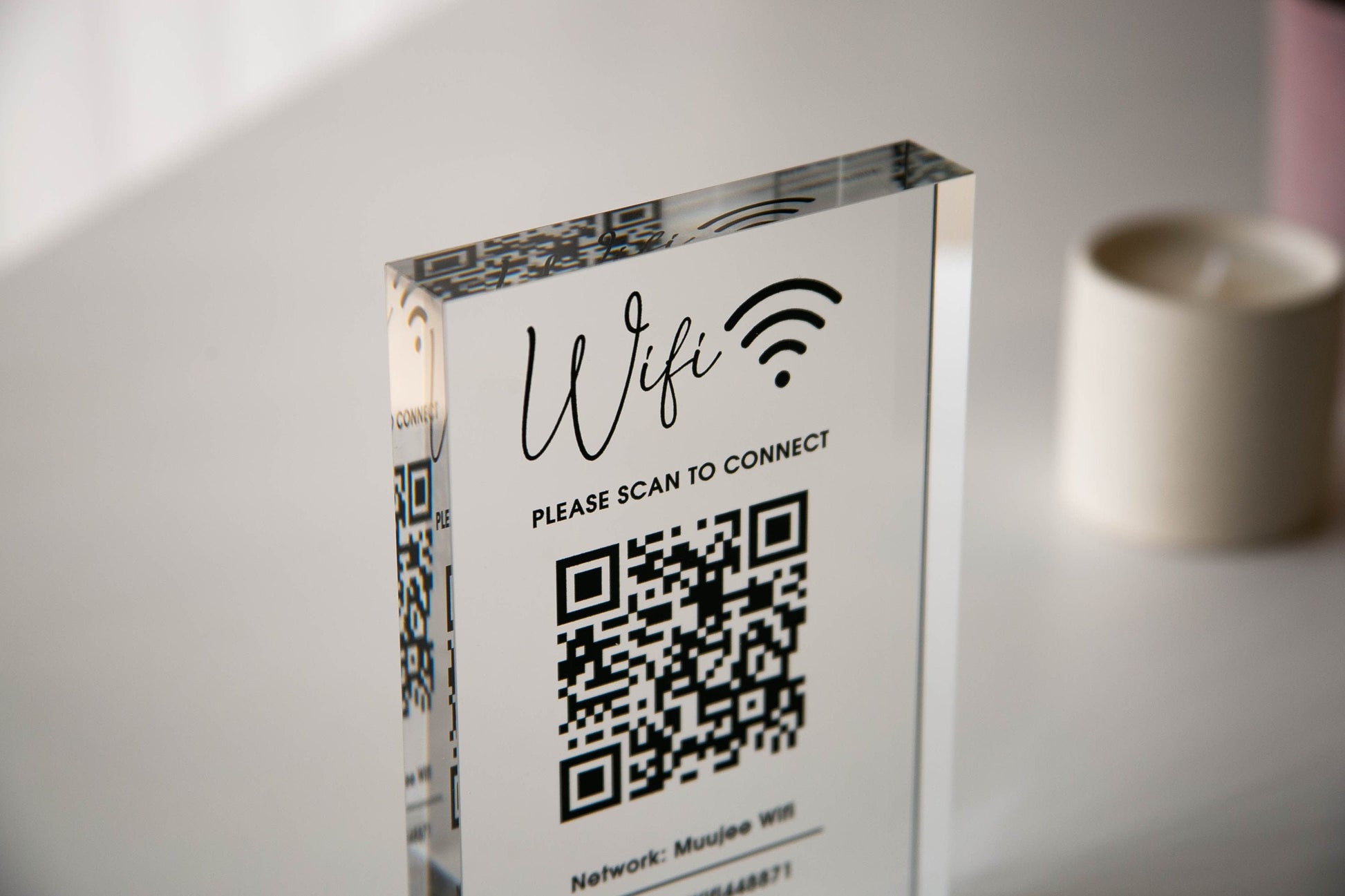 Personalized Acrylic QR Code Wifi Sign (Design 1) - Custom Network Password Table Top Signage Hotel Small Business Resaturants Bars Cafe